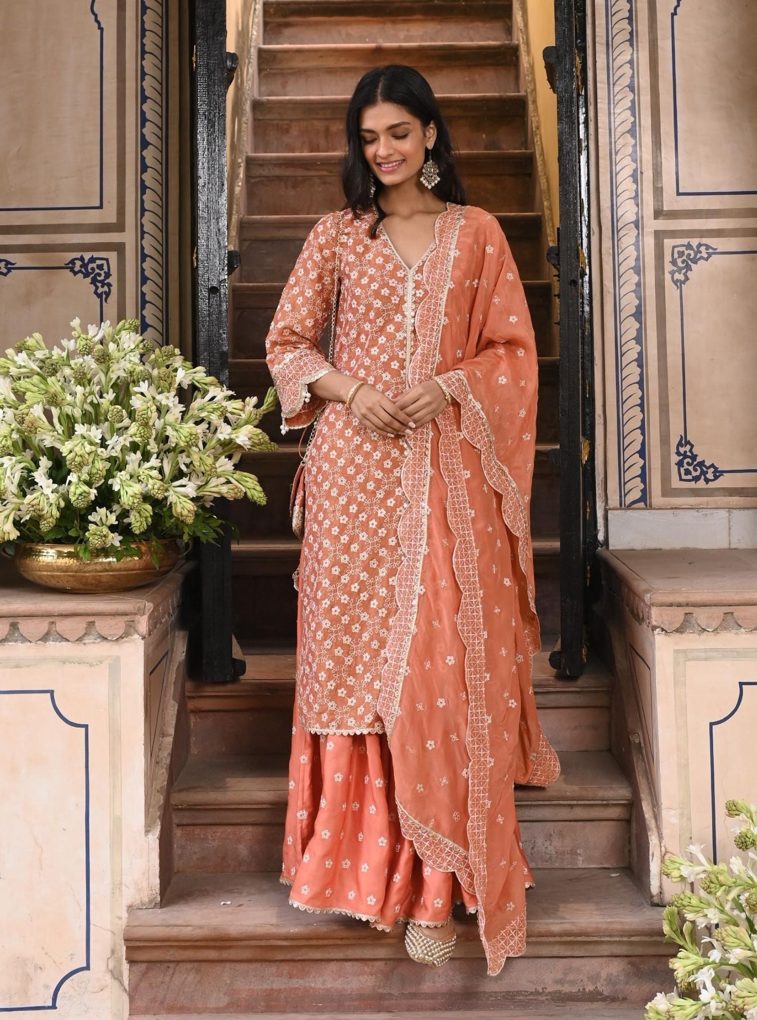 Mulmul Luxe Tissue Satin Maaeri Burnt Orange Kurta With Mulmul Modal Satin Maaeri Burnt Orange Skirt