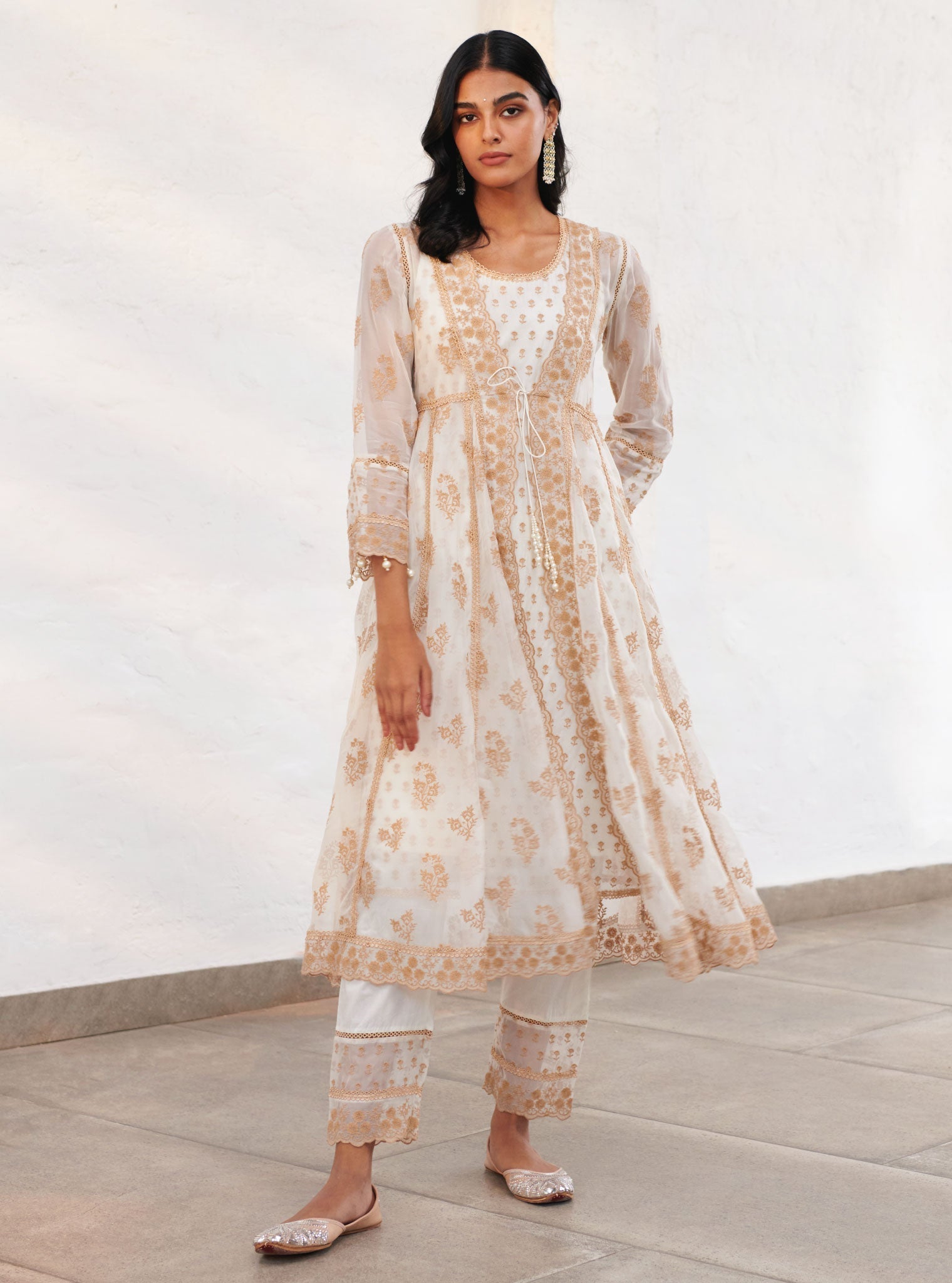 Mulmul Organza Aberdeen Off White Anarkali Kurta With Organza Jacket With Cotton Aberdeen Off White Pant