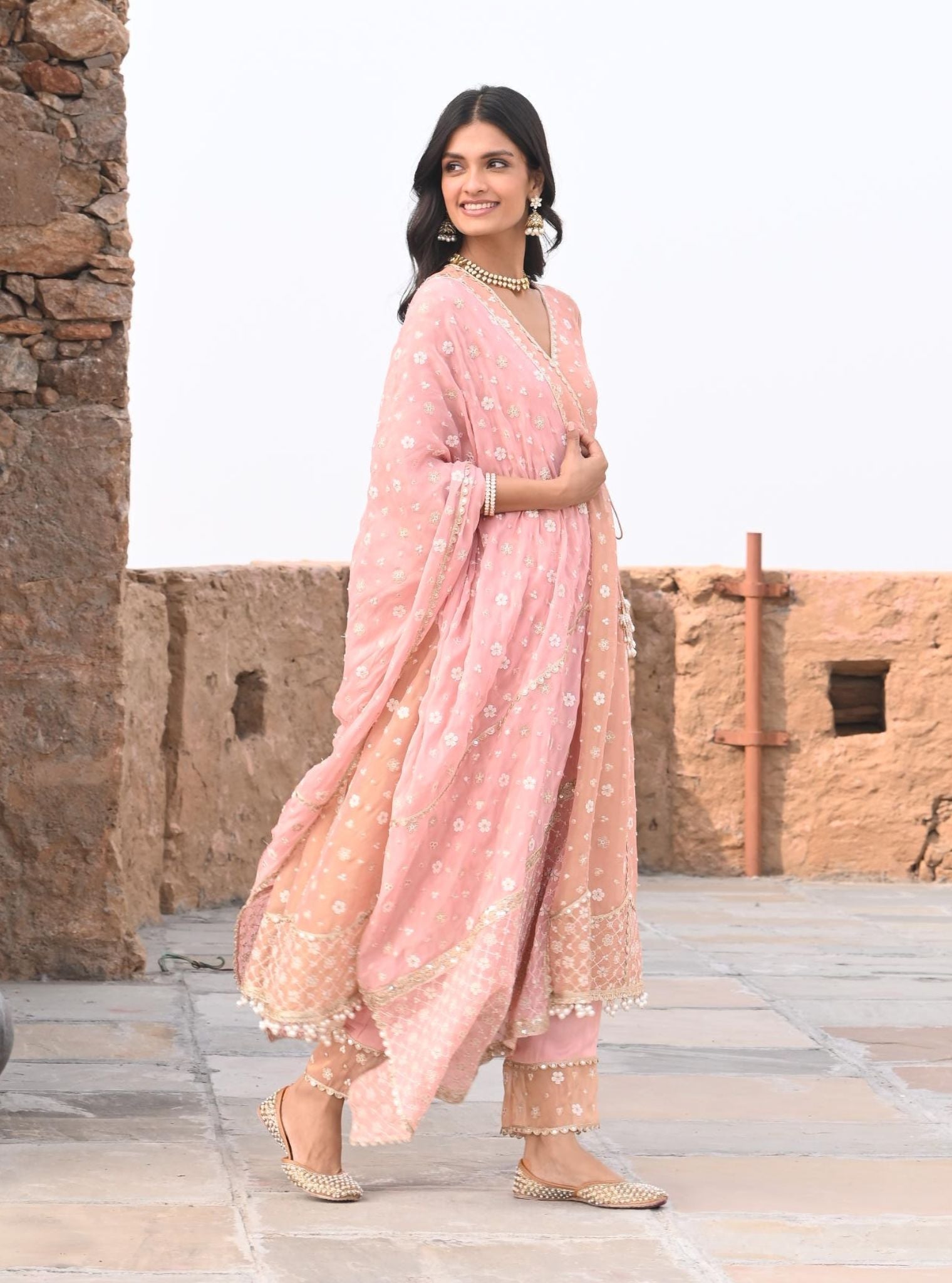 Mulmul Luxe Tissue Majhi Light Pink Anarkali Kurta With Mulmul Modal Satin Majhi Light Pink Pant