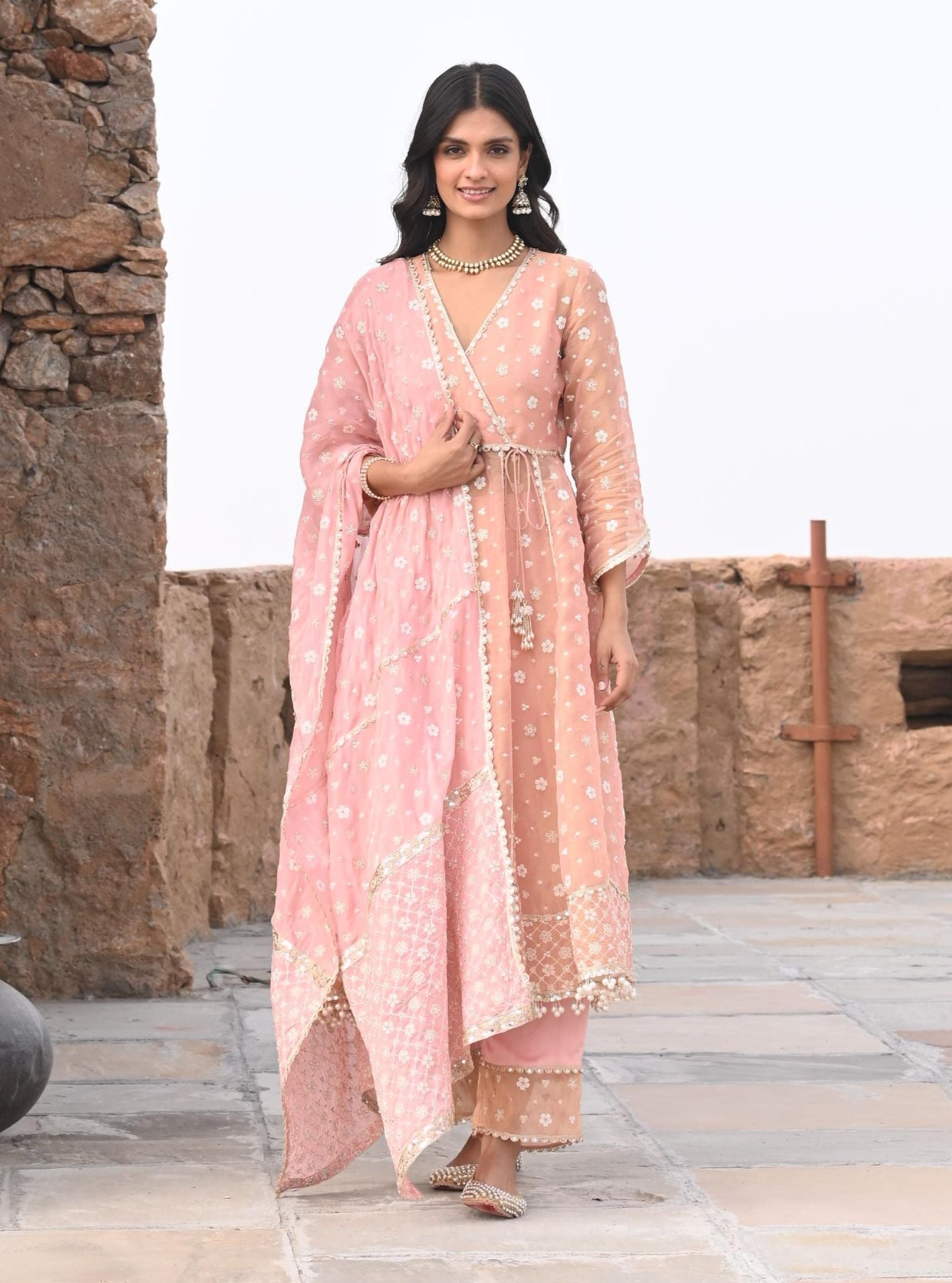 Mulmul Luxe Tissue Majhi Light Pink Anarkali Kurta With Mulmul Modal Satin Majhi Light Pink Pant