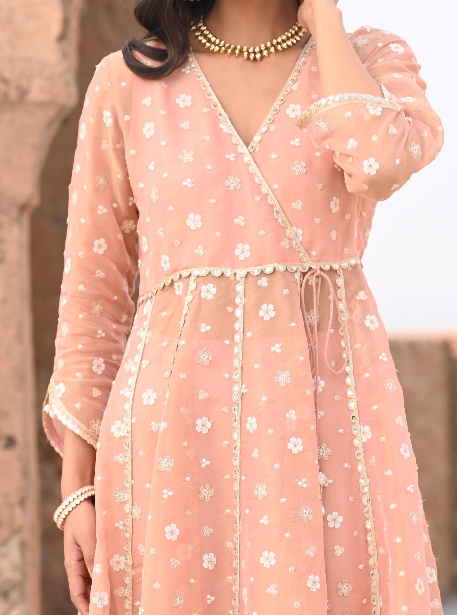 Mulmul Luxe Tissue Majhi Light Pink Anarkali Kurta With Mulmul Modal Satin Majhi Light Pink Pant