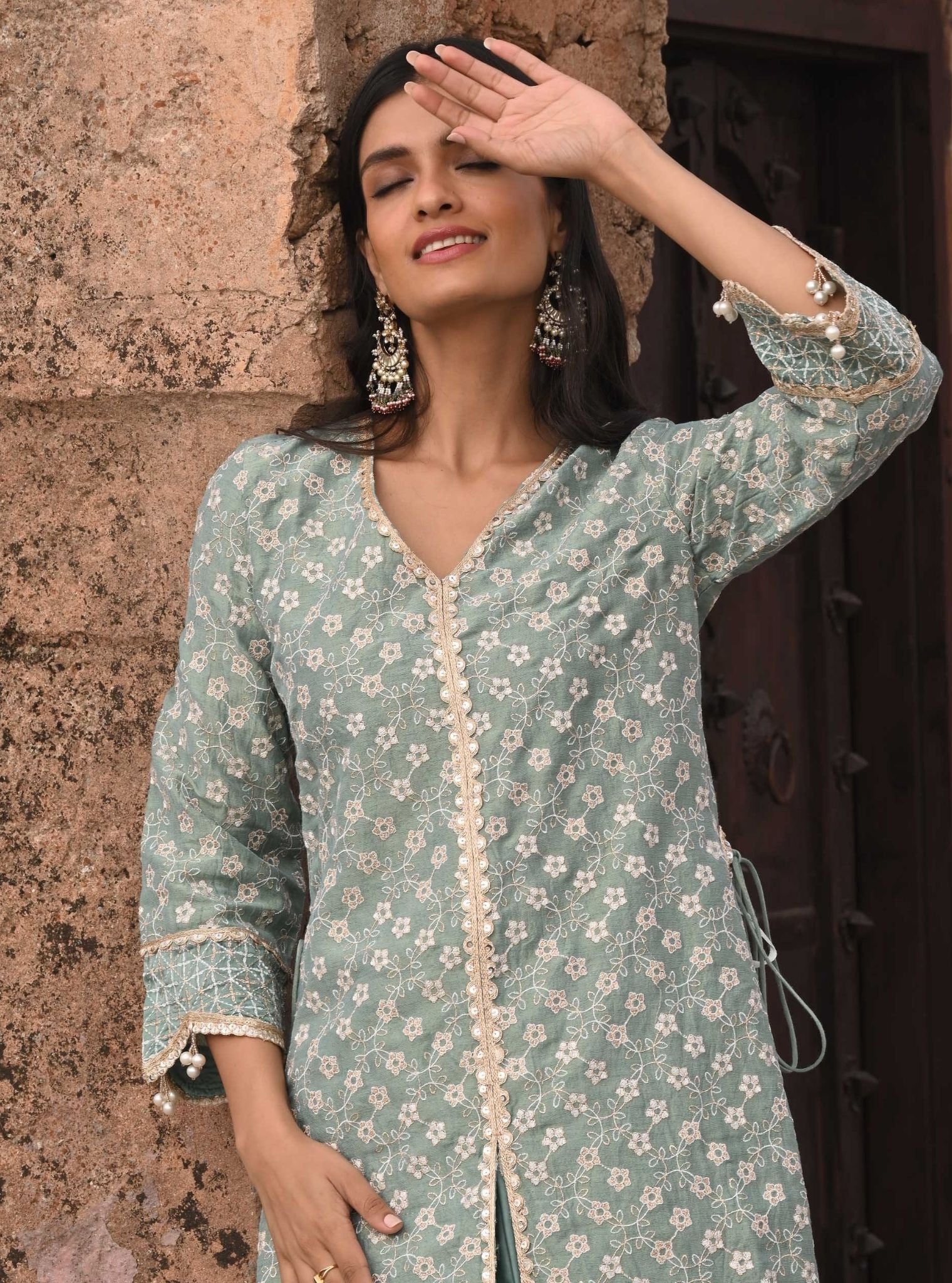 Mulmul Luxe Tissue Satin Maaeri Teal Blue Kurta With Mulmul Modal Satin Maaeri Teal Blue Skirt