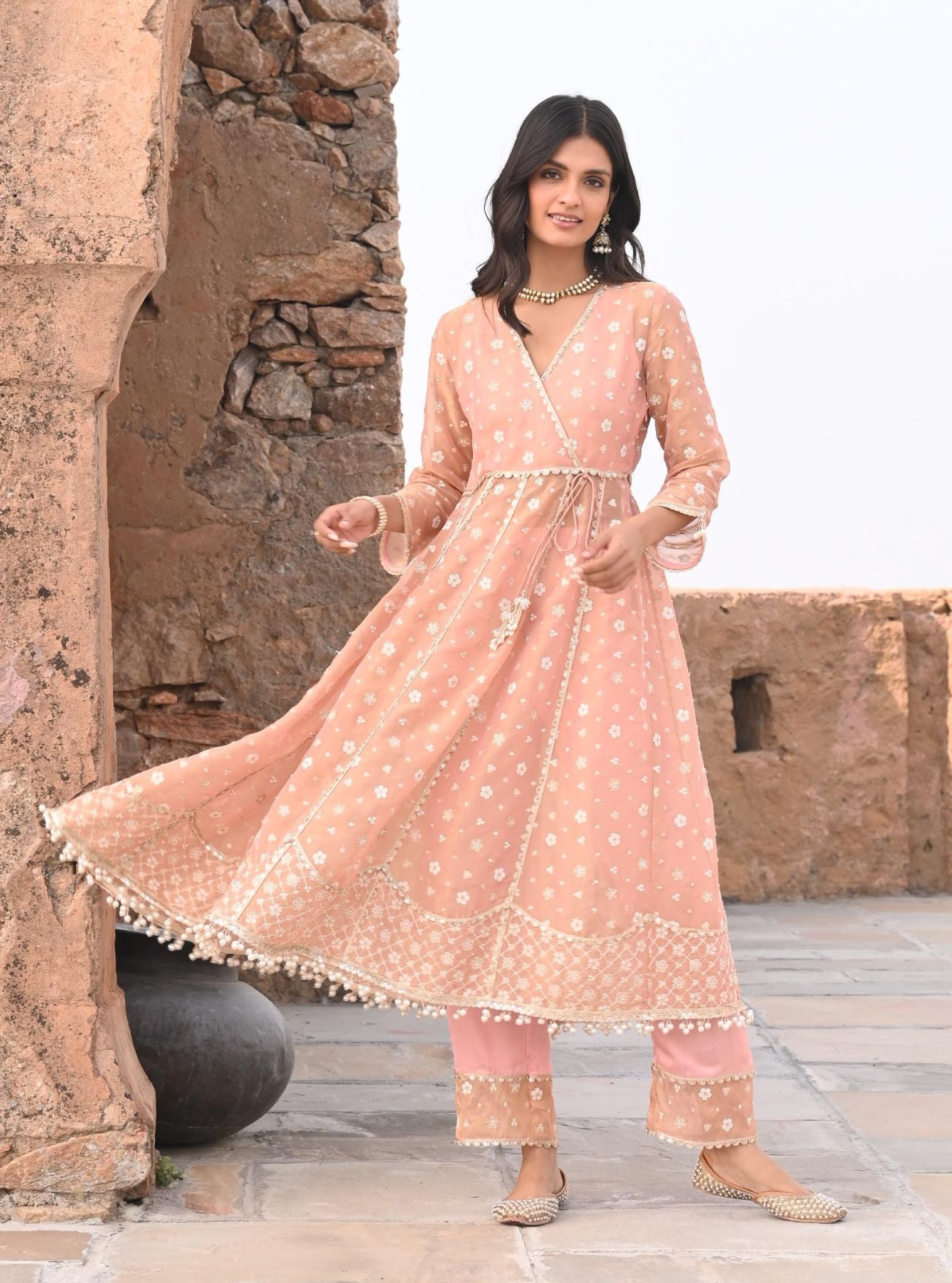 Mulmul Luxe Tissue Majhi Light Pink Anarkali Kurta With Mulmul Modal Satin Majhi Light Pink Pant