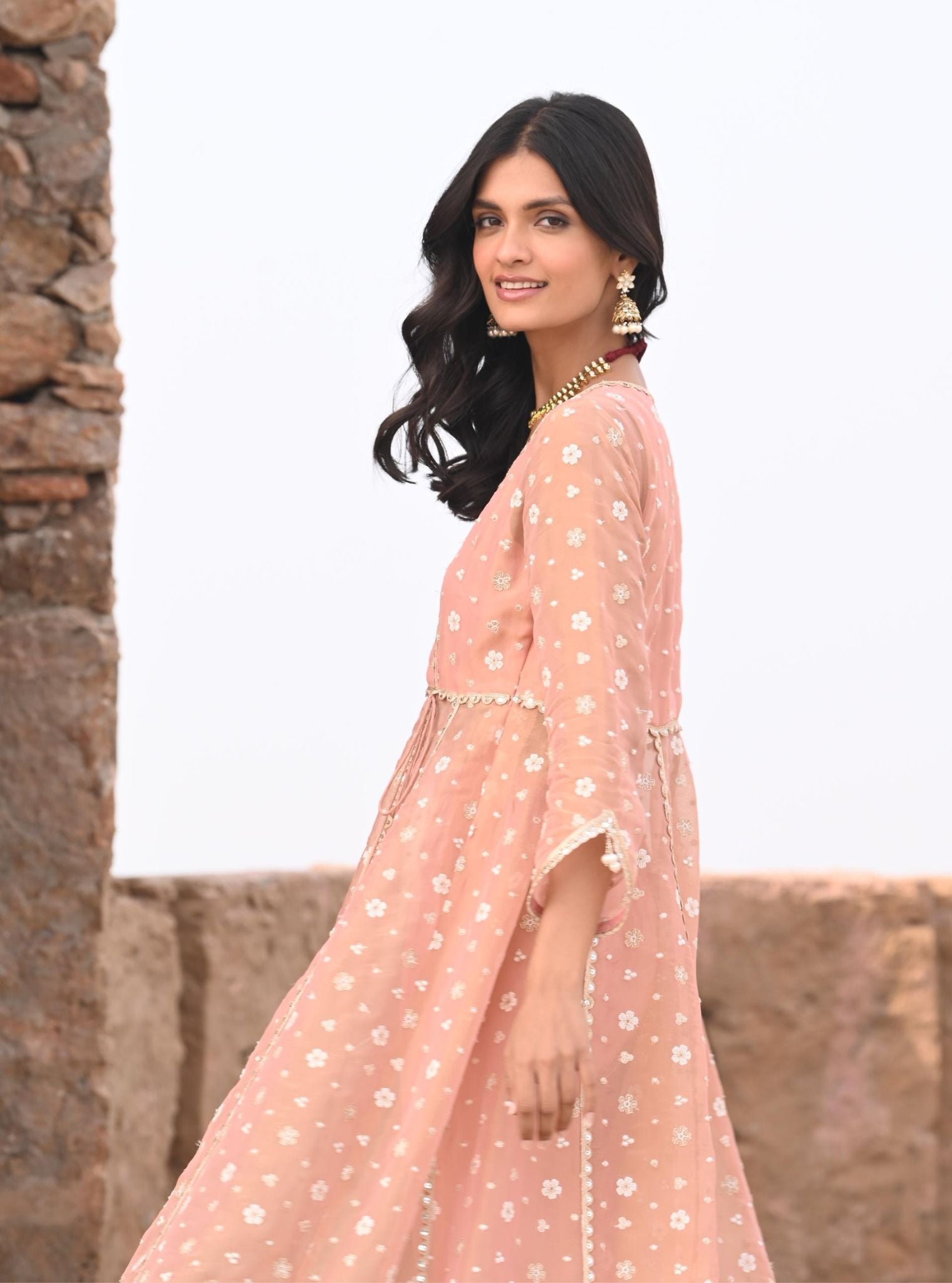 Mulmul Luxe Tissue Majhi Light Pink Anarkali Kurta With Mulmul Modal Satin Majhi Light Pink Pant
