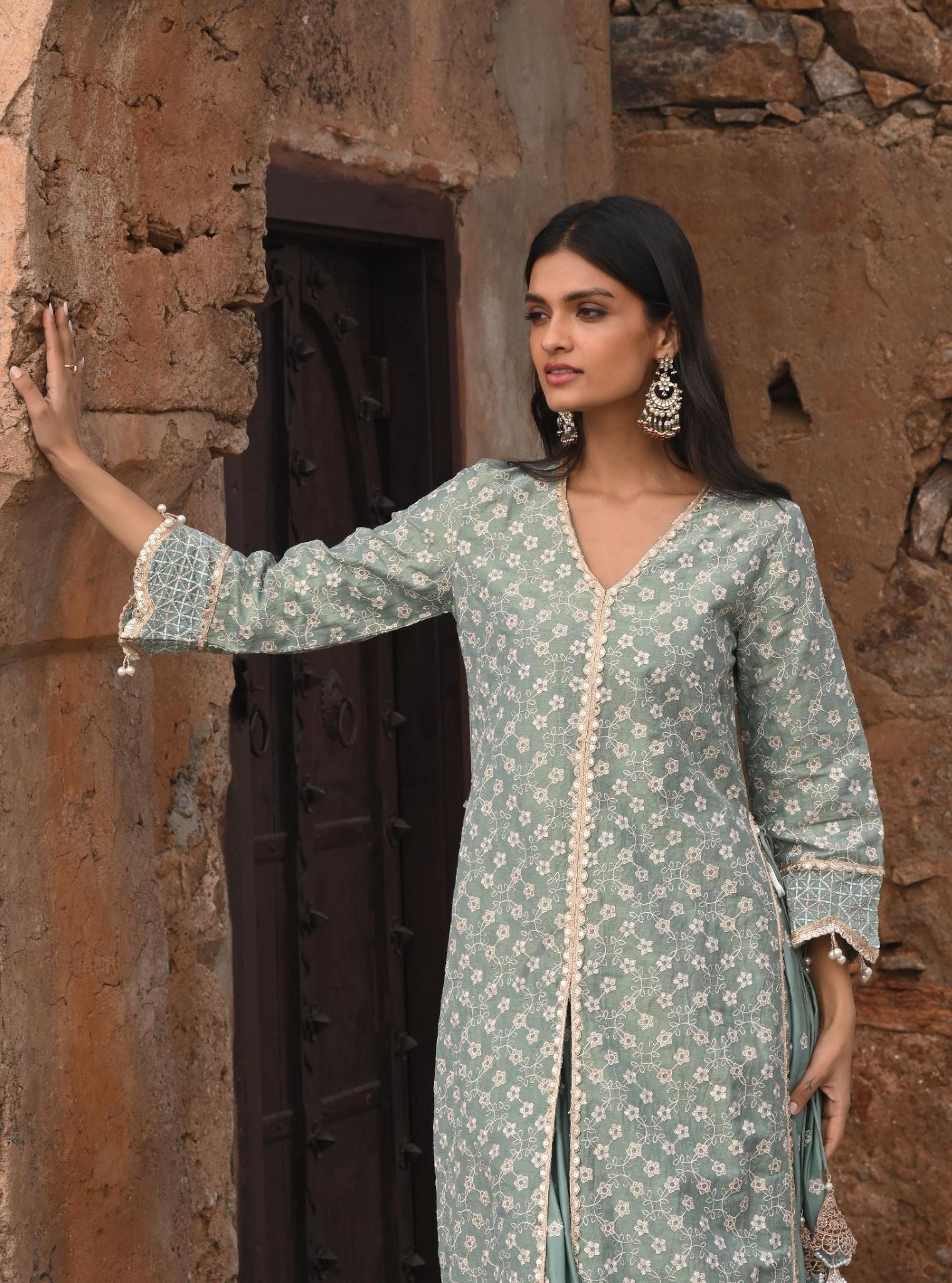 Mulmul Luxe Tissue Satin Maaeri Teal Blue Kurta With Mulmul Modal Satin Maaeri Teal Blue Skirt