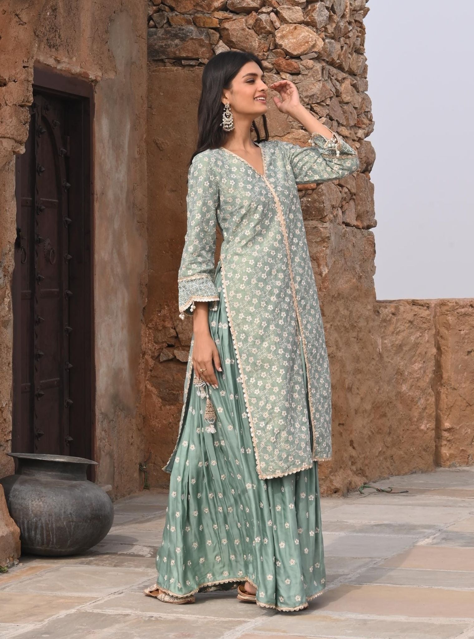 Mulmul Luxe Tissue Satin Maaeri Teal Blue Kurta With Mulmul Modal Satin Maaeri Teal Blue Skirt
