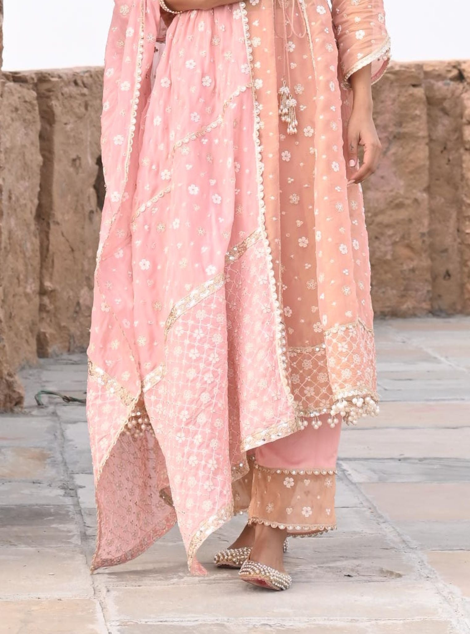 Mulmul Luxe Tissue Majhi Light Pink Anarkali Kurta With Mulmul Modal Satin Majhi Light Pink Pant