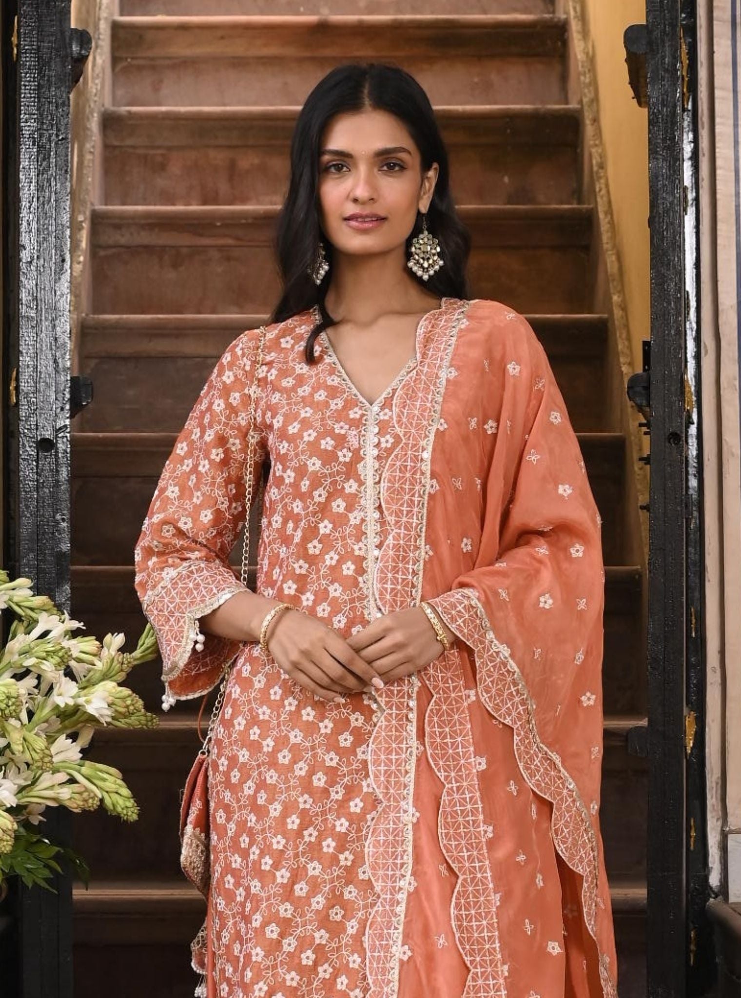 Mulmul Luxe Tissue Satin Maaeri Burnt Orange Kurta With Mulmul Modal Satin Maaeri Burnt Orange Skirt