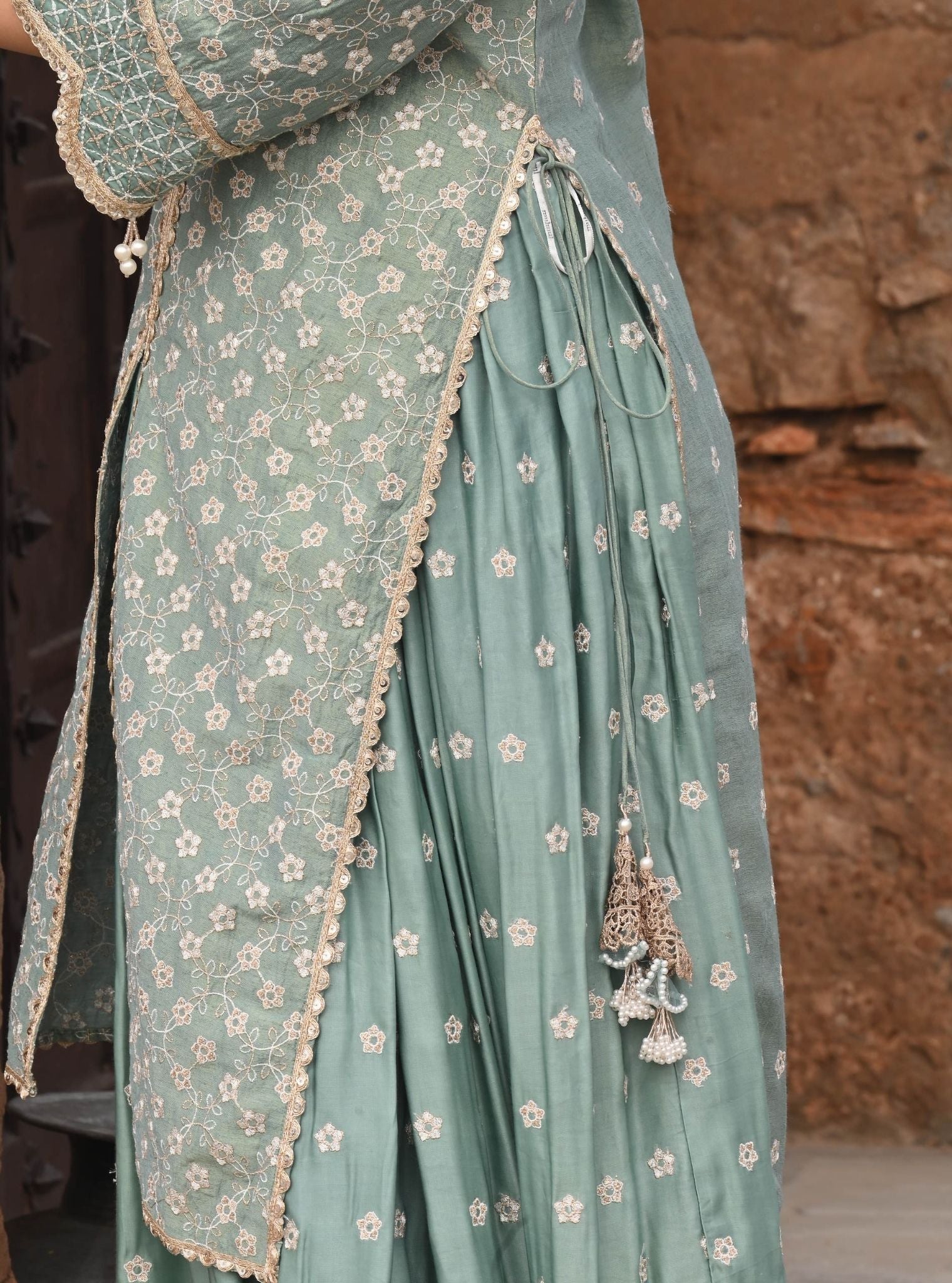 Mulmul Luxe Tissue Satin Maaeri Teal Blue Kurta With Mulmul Modal Satin Maaeri Teal Blue Skirt