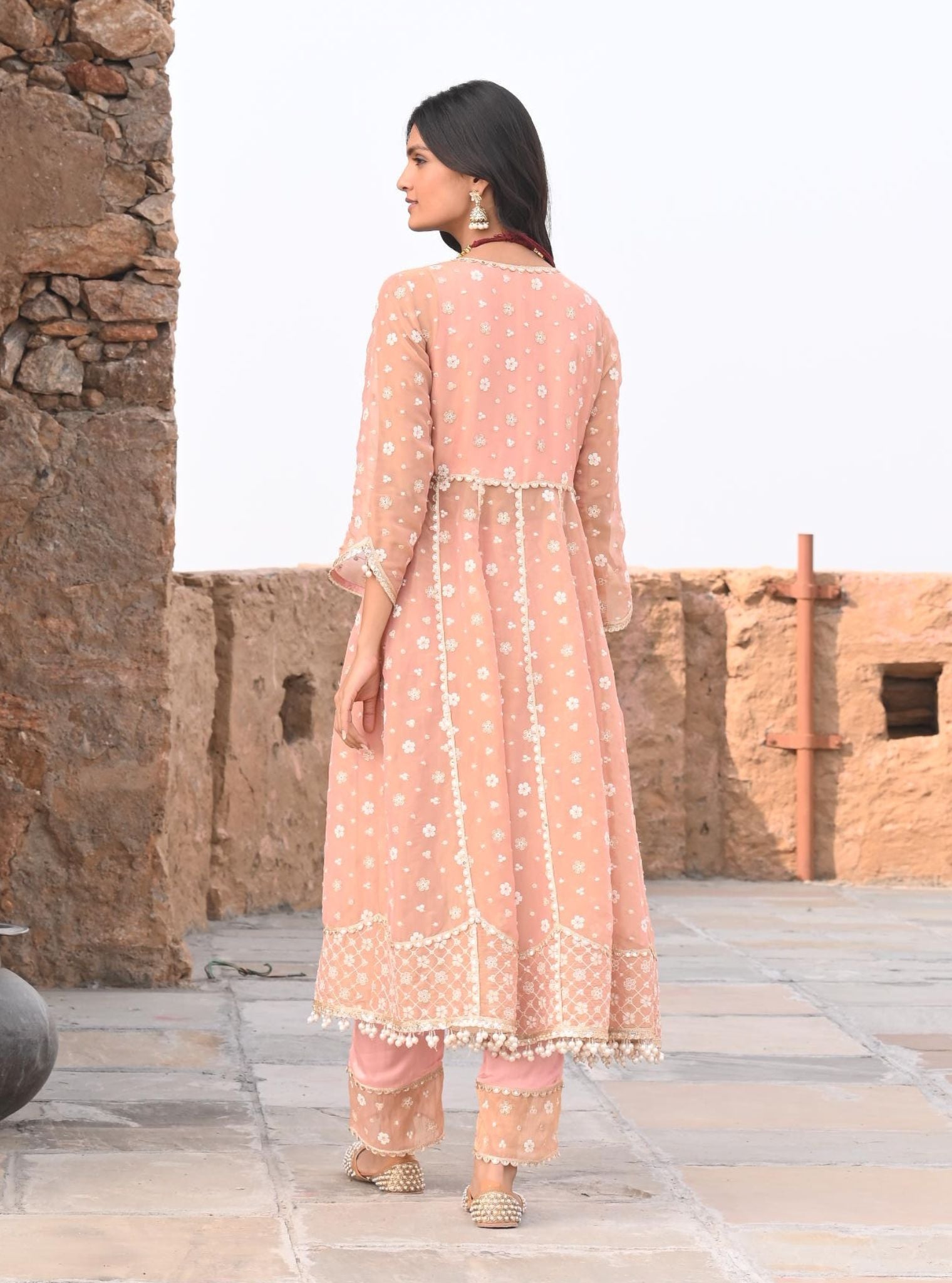 Mulmul Luxe Tissue Majhi Light Pink Anarkali Kurta With Mulmul Modal Satin Majhi Light Pink Pant