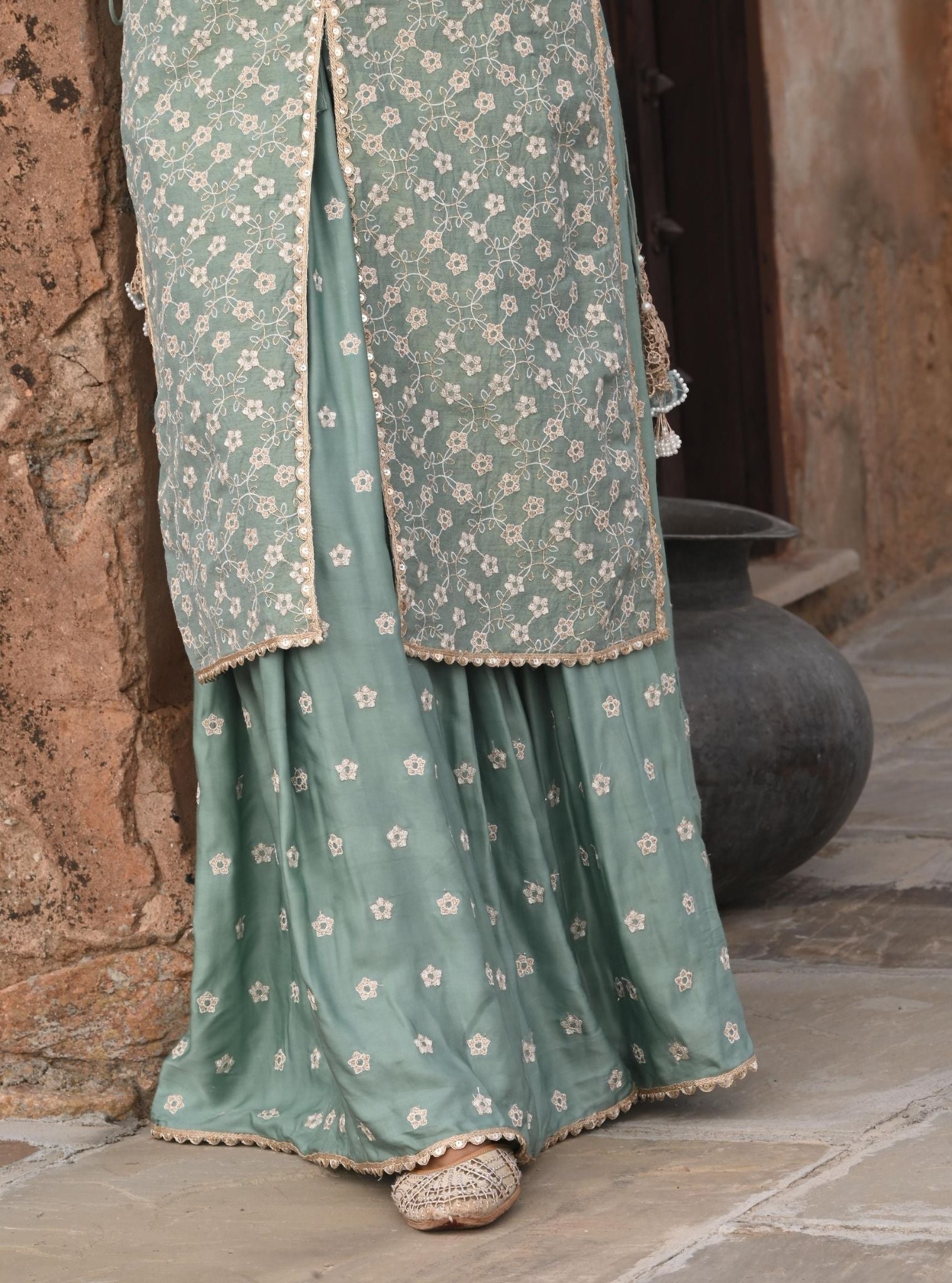 Mulmul Luxe Tissue Satin Maaeri Teal Blue Kurta With Mulmul Modal Satin Maaeri Teal Blue Skirt
