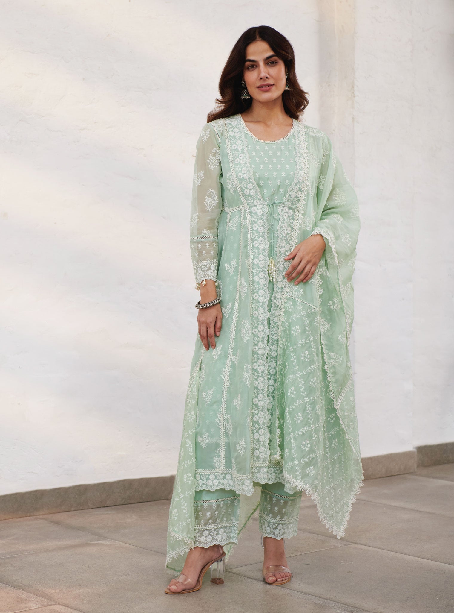 Mulmul Organza Aberdeen Green Anarkali Kurta With Organza Jacket With Cotton Aberdeen Green Pant