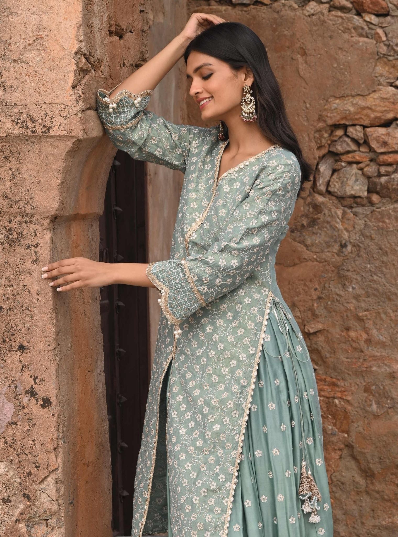 Mulmul Luxe Tissue Satin Maaeri Teal Blue Kurta With Mulmul Modal Satin Maaeri Teal Blue Skirt