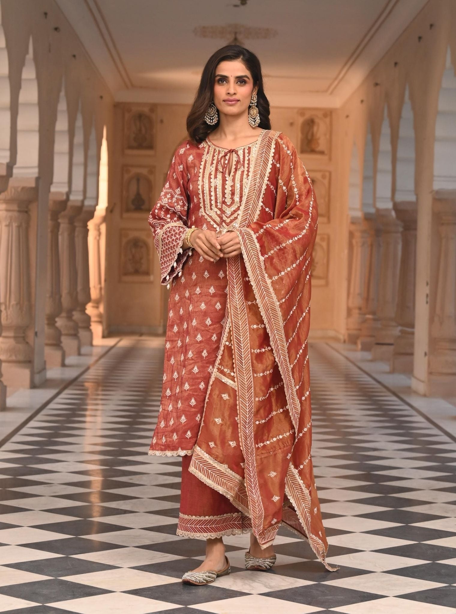 Mulmul Luxe Tissue Satin Dholna Red Kurta With Mulmul Luxe Tissue Satin Dholna Red Pant