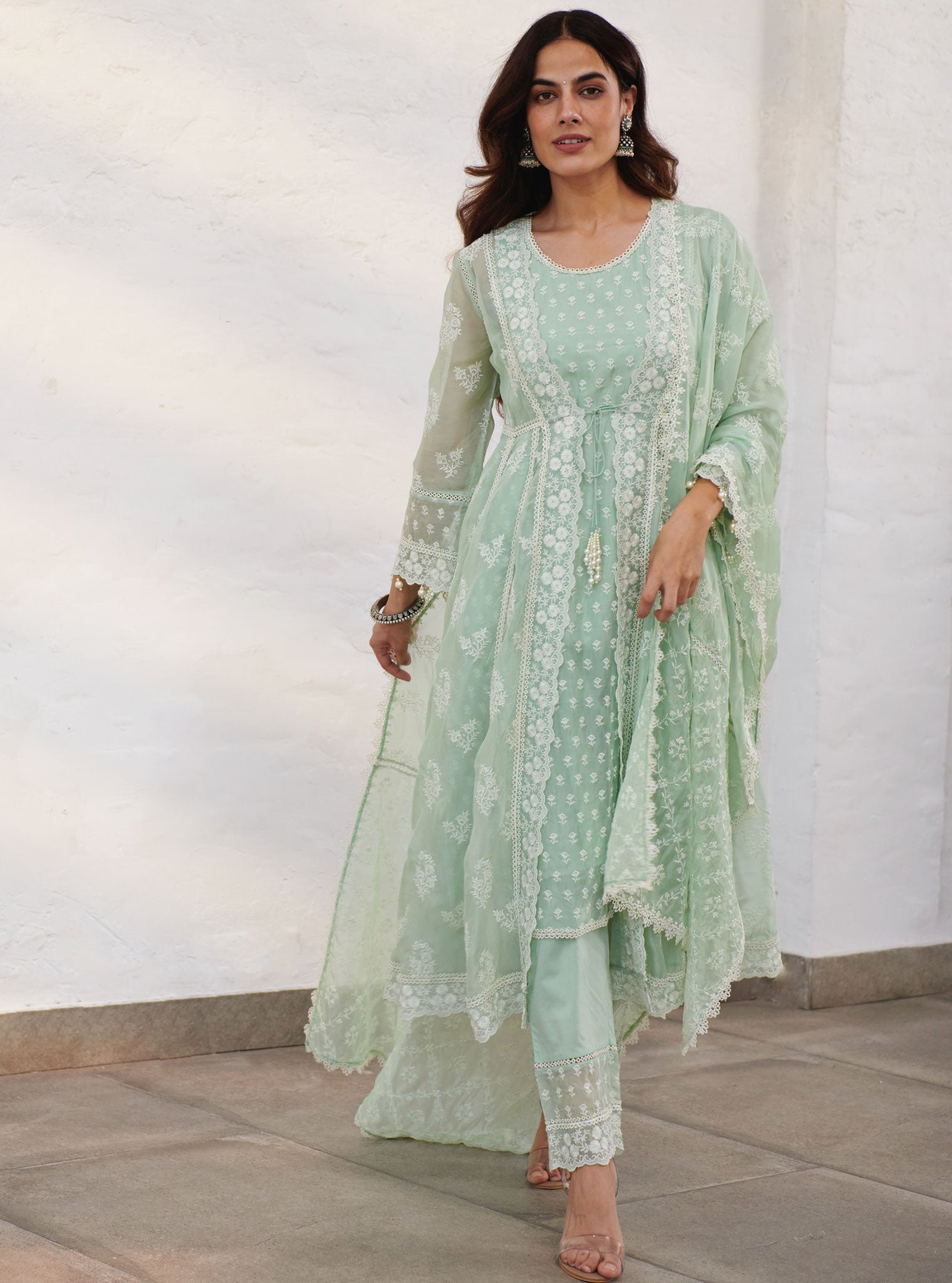 Mulmul Organza Aberdeen Green Anarkali Kurta With Organza Jacket With Cotton Aberdeen Green Pant