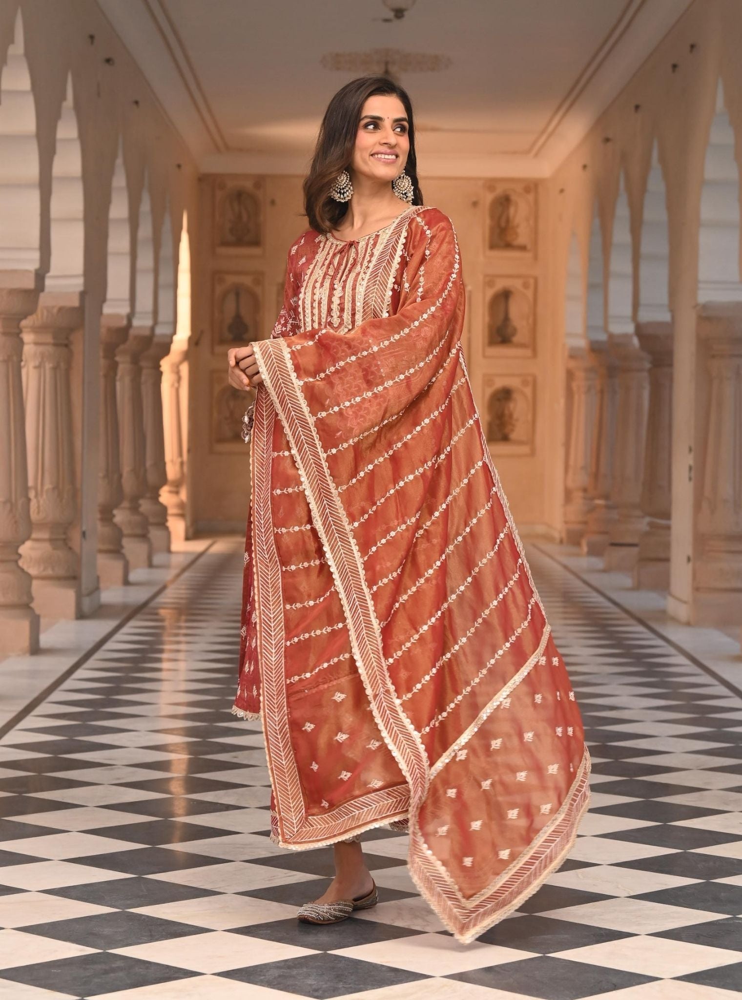 Mulmul Luxe Tissue Satin Dholna Red Kurta With Mulmul Luxe Tissue Satin Dholna Red Pant