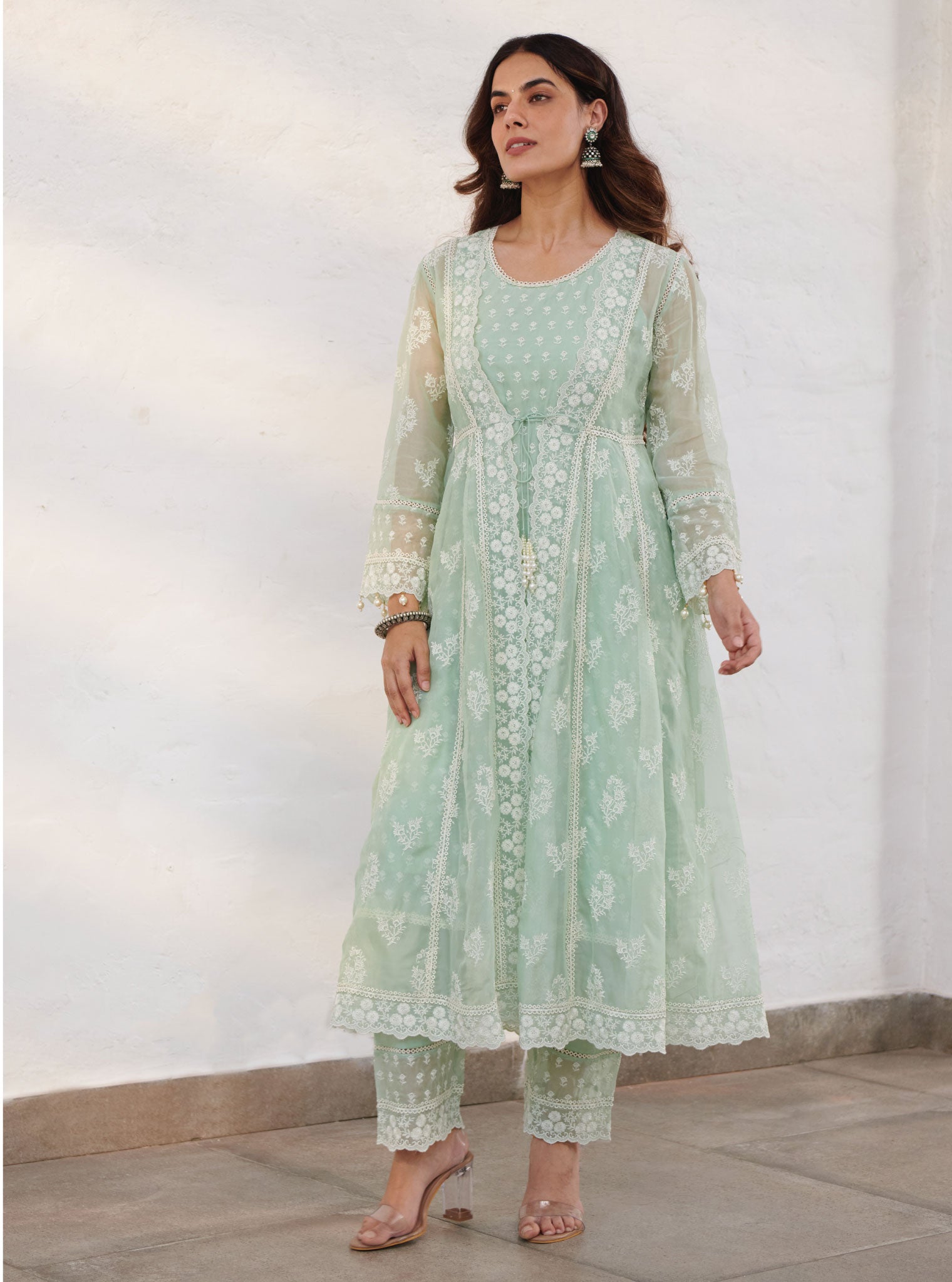 Mulmul Organza Aberdeen Green Anarkali Kurta With Organza Jacket With Cotton Aberdeen Green Pant
