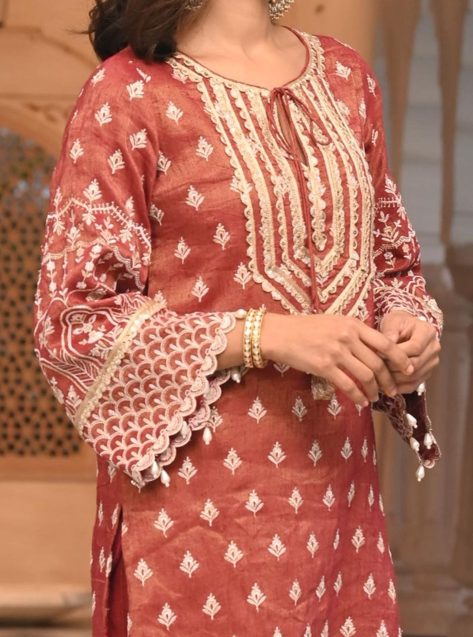 Mulmul Luxe Tissue Satin Dholna Red Kurta With Mulmul Luxe Tissue Satin Dholna Red Pant