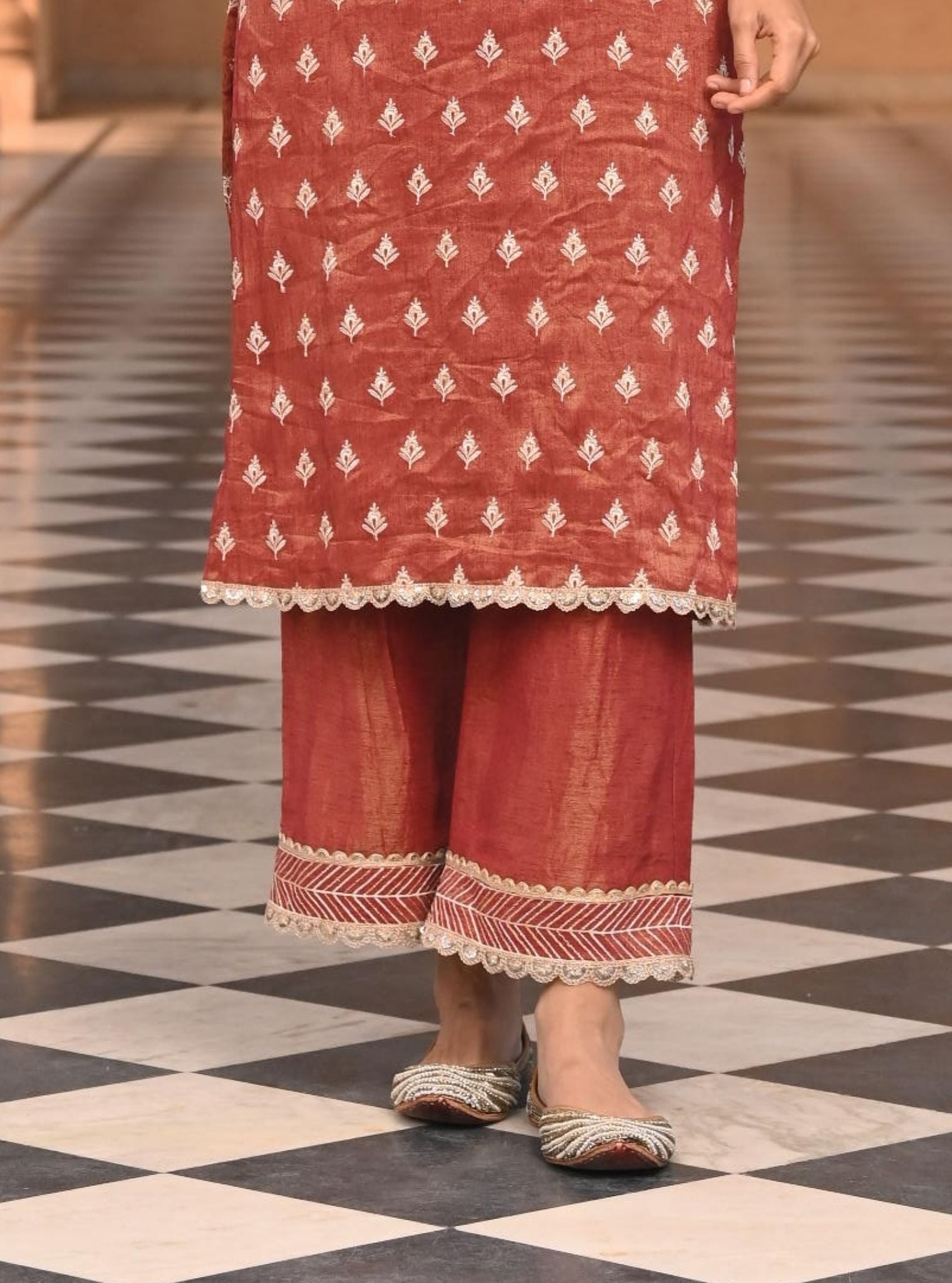 Mulmul Luxe Tissue Satin Dholna Red Kurta With Mulmul Luxe Tissue Satin Dholna Red Pant