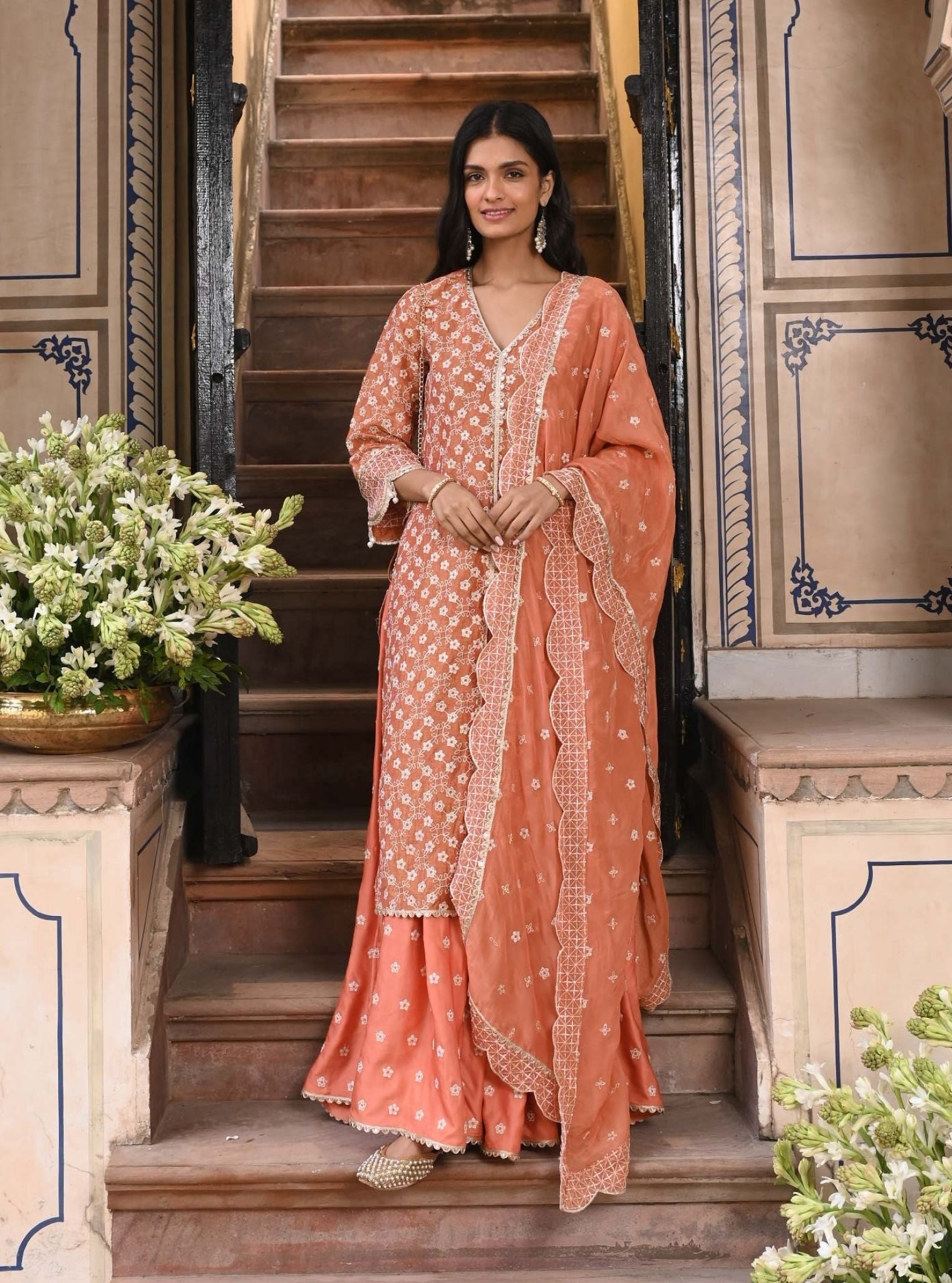 Mulmul Luxe Tissue Satin Maaeri Burnt Orange Kurta With Mulmul Modal Satin Maaeri Burnt Orange Skirt