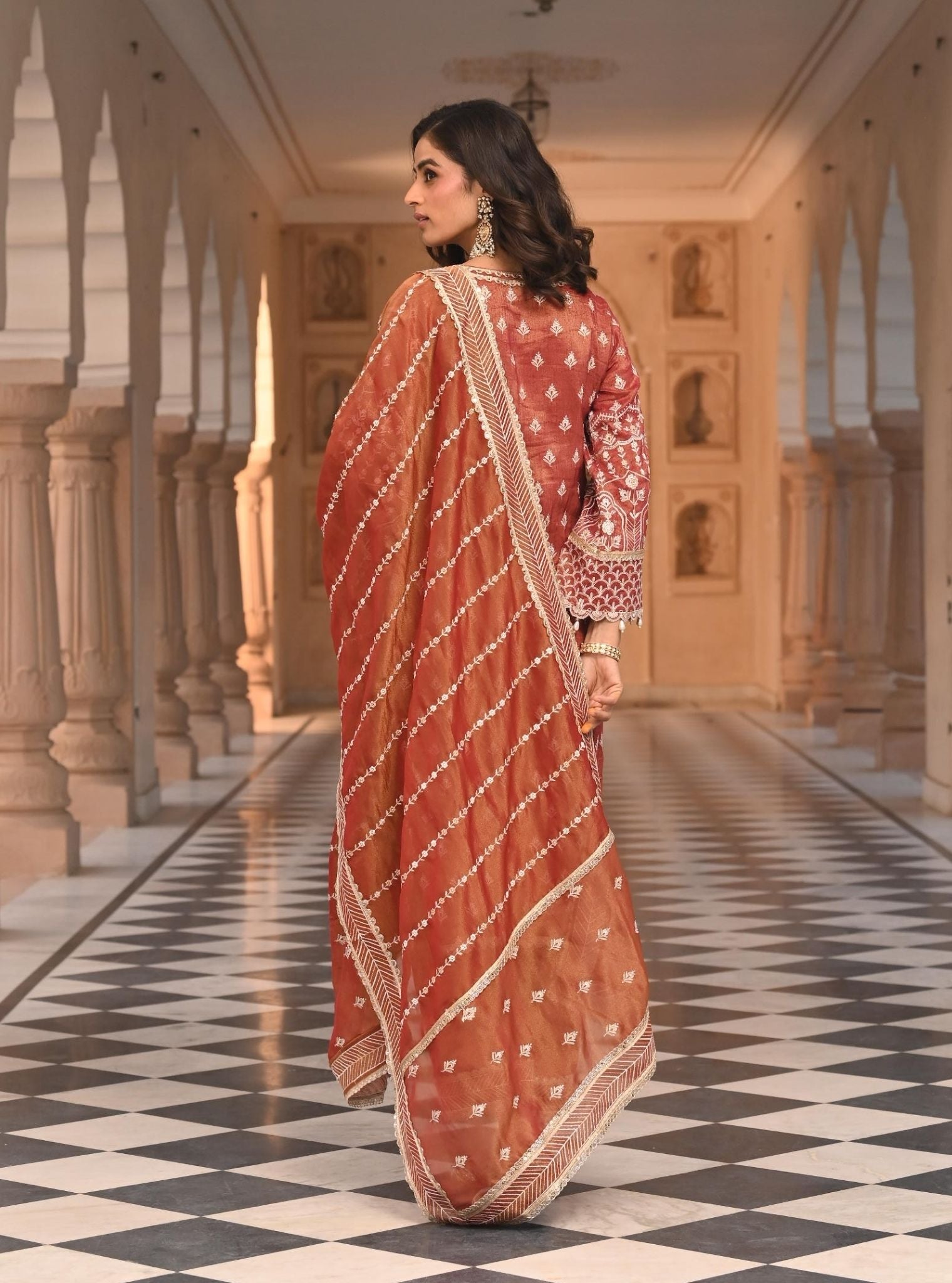 Mulmul Luxe Tissue Satin Dholna Red Kurta With Mulmul Luxe Tissue Satin Dholna Red Pant