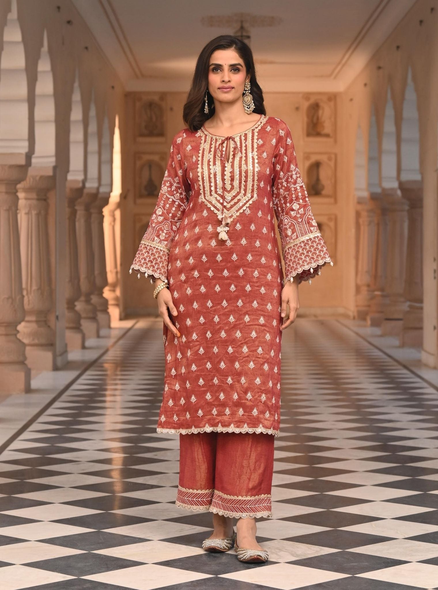 Mulmul Luxe Tissue Satin Dholna Red Kurta With Mulmul Luxe Tissue Satin Dholna Red Pant