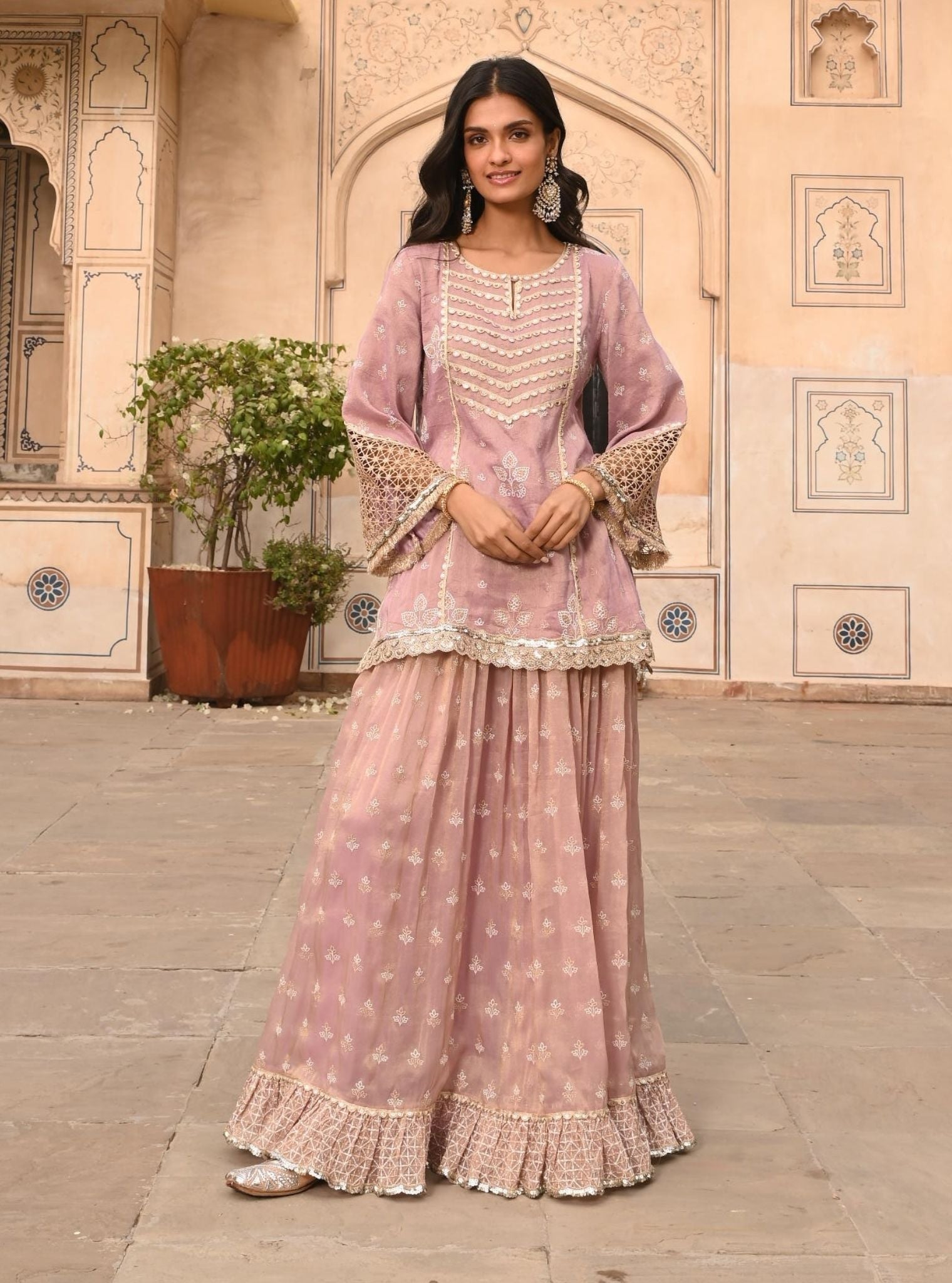 Mulmul Luxe Tissue Satin Lamhe Lilac Kurta With Mulmul Luxe Tissue Lamhe Lilac Skirt
