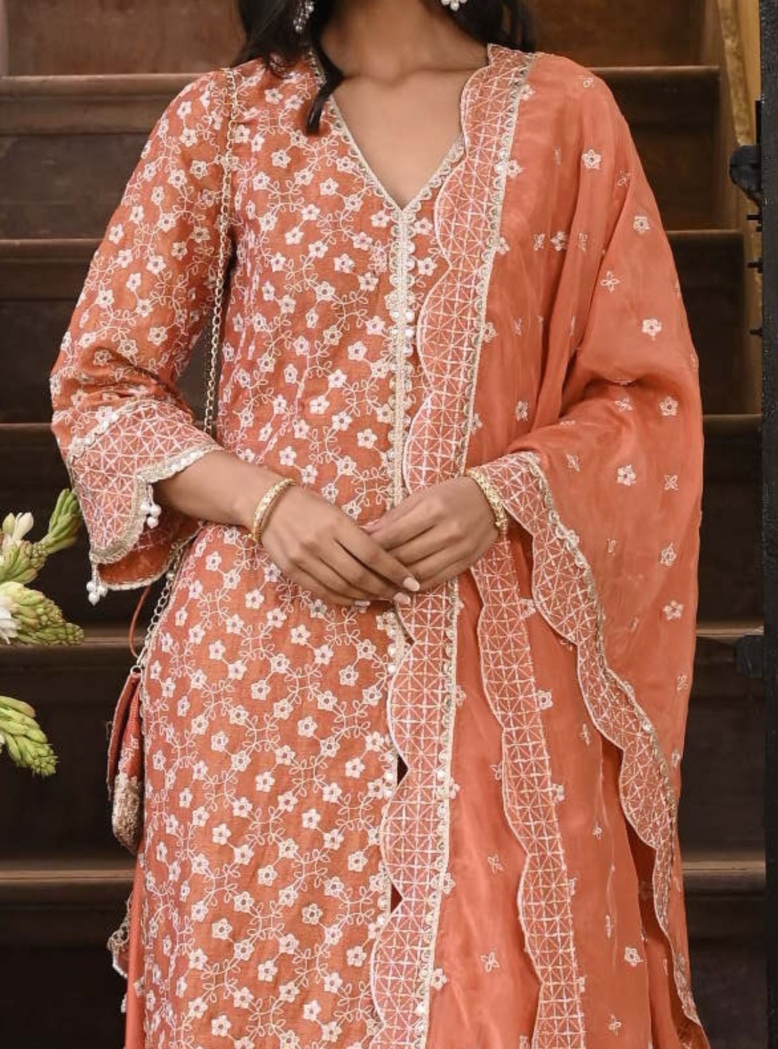Mulmul Luxe Tissue Satin Maaeri Burnt Orange Kurta With Mulmul Modal Satin Maaeri Burnt Orange Skirt