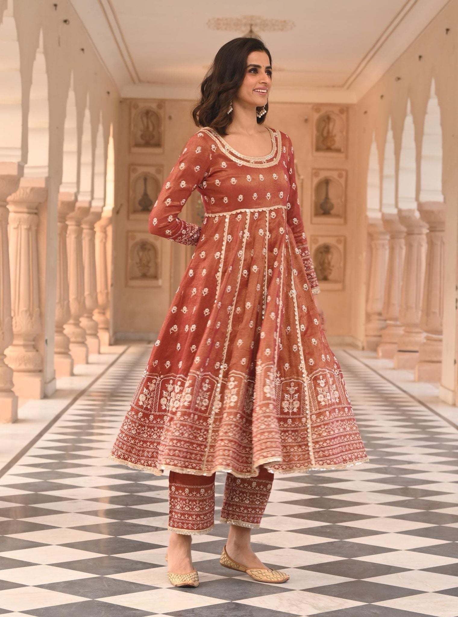 Mulmul Luxe Tissue Satin Mastani Red Anarkali Kurta With Mulmul Tissue Satin Mastani Red Pant