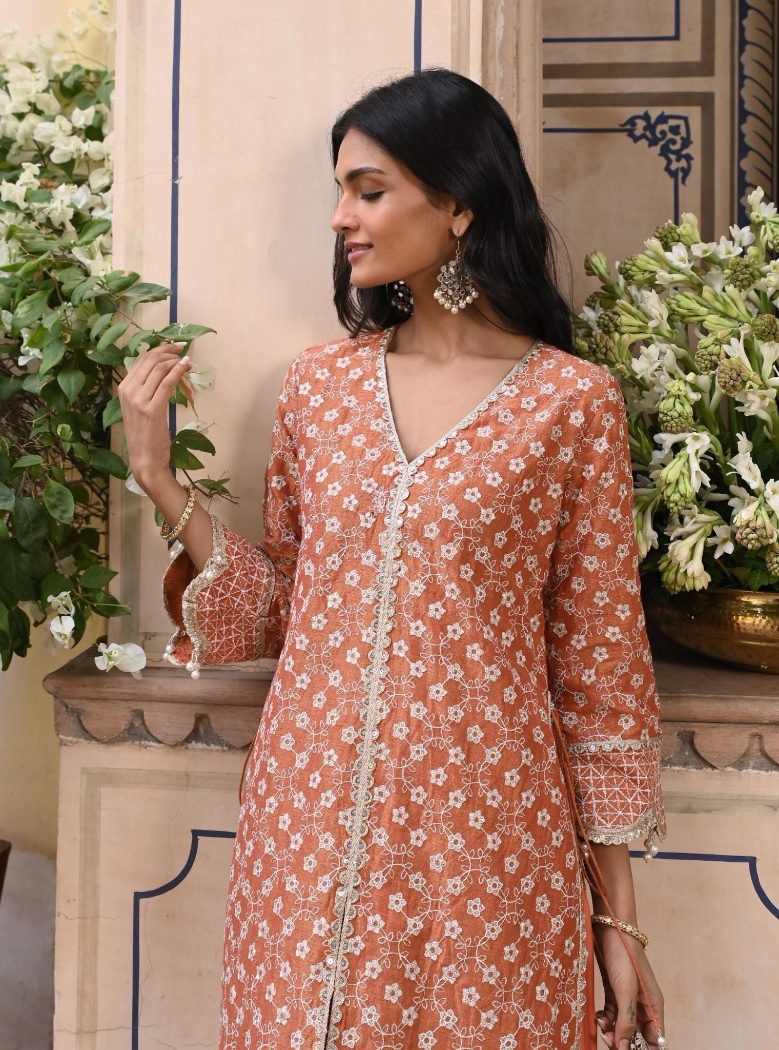 Mulmul Luxe Tissue Satin Maaeri Burnt Orange Kurta With Mulmul Modal Satin Maaeri Burnt Orange Skirt
