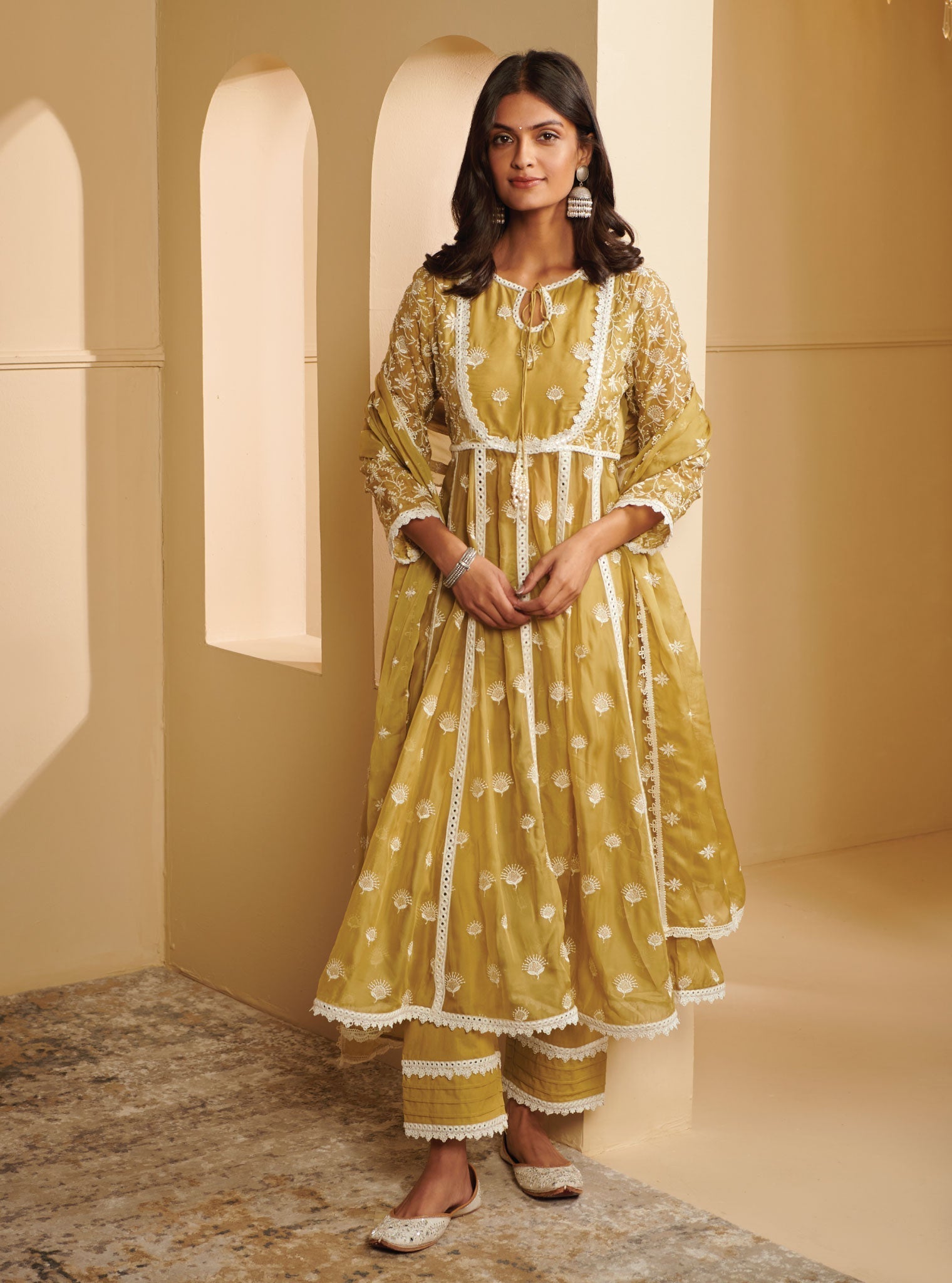 Mulmul Organza Prasatti Anarkali Green Kurta With Mulmul Pima Satin Prasatti Green Pant