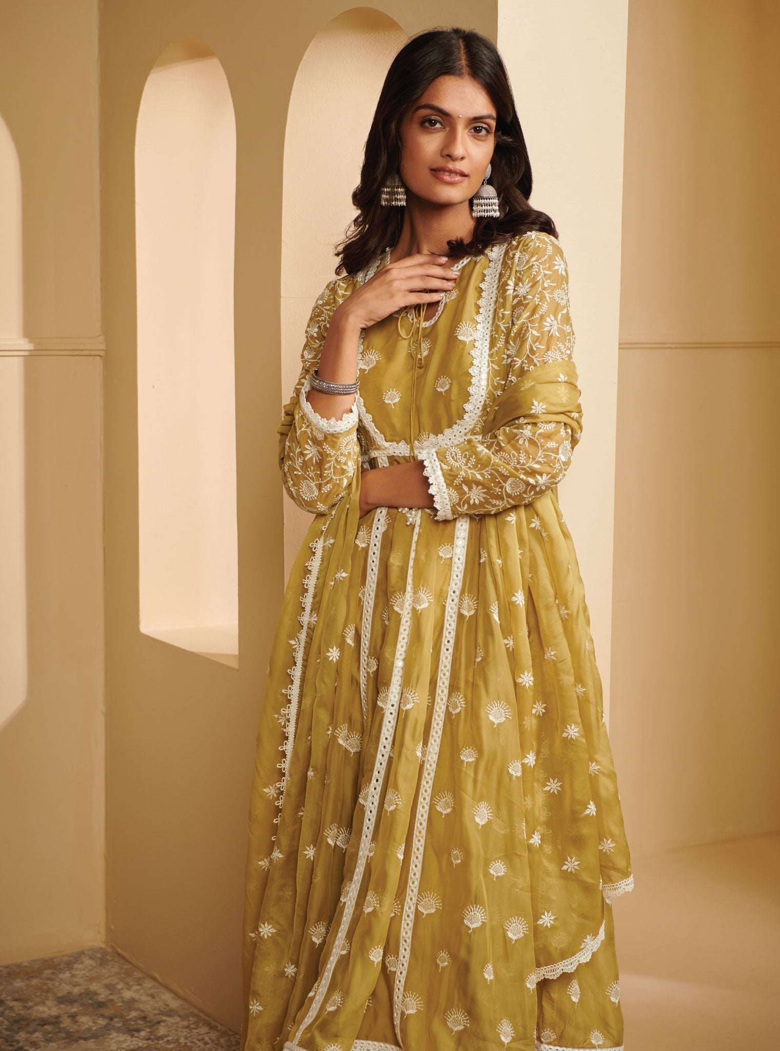 Mulmul Organza Prasatti Anarkali Green Kurta With Mulmul Pima Satin Prasatti Green Pant