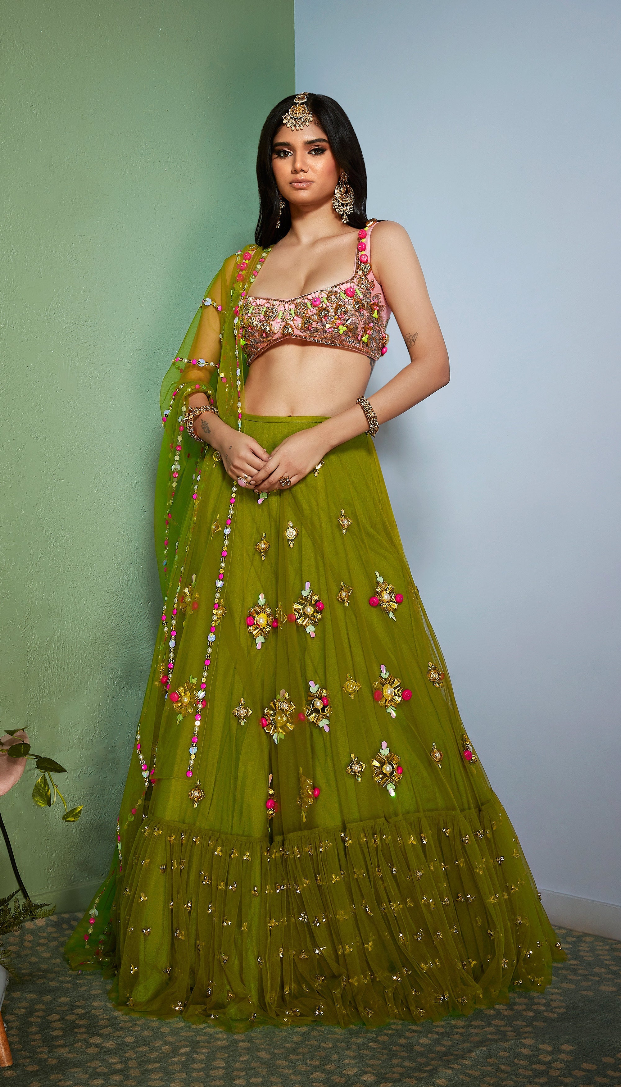 Olivine : Green Embellished Full Lehenga Set.