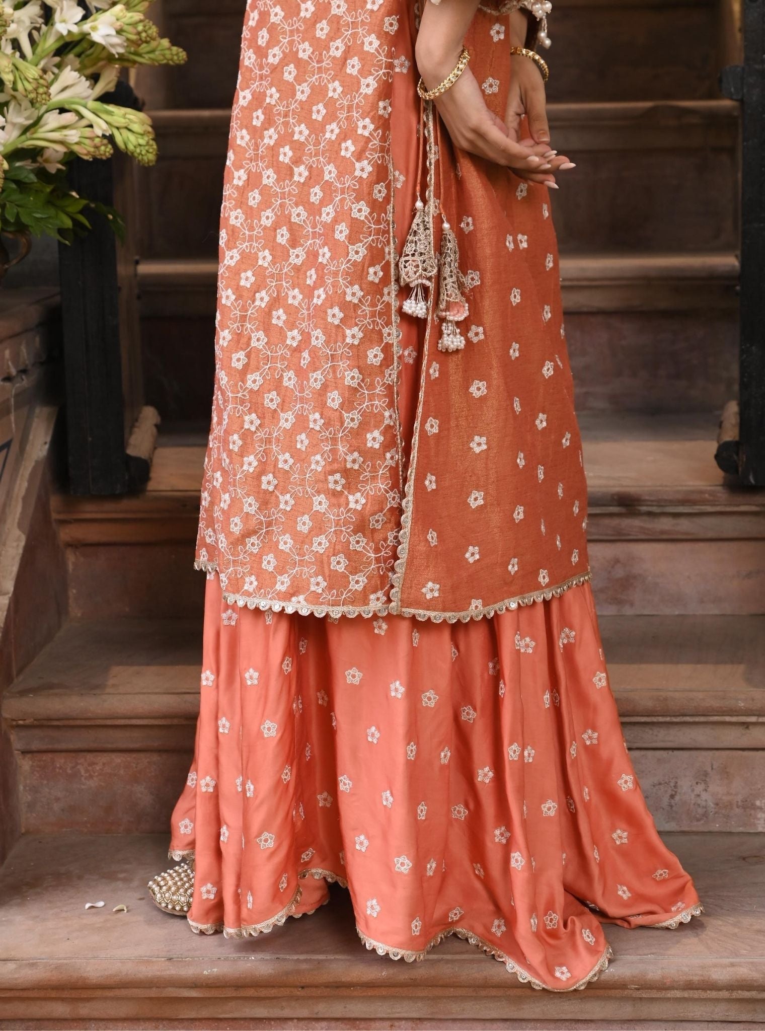 Mulmul Luxe Tissue Satin Maaeri Burnt Orange Kurta With Mulmul Modal Satin Maaeri Burnt Orange Skirt