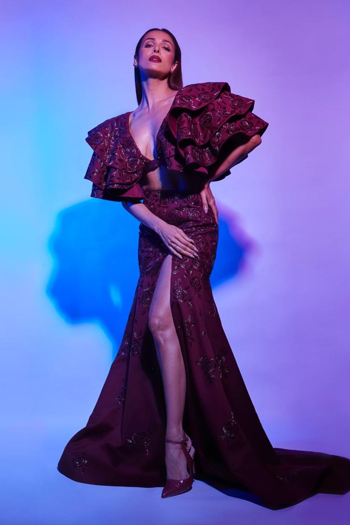 Malaika Arora In Dramatic Sleeves Embroidered Blouse With Front Slit Embroidered Lehenga