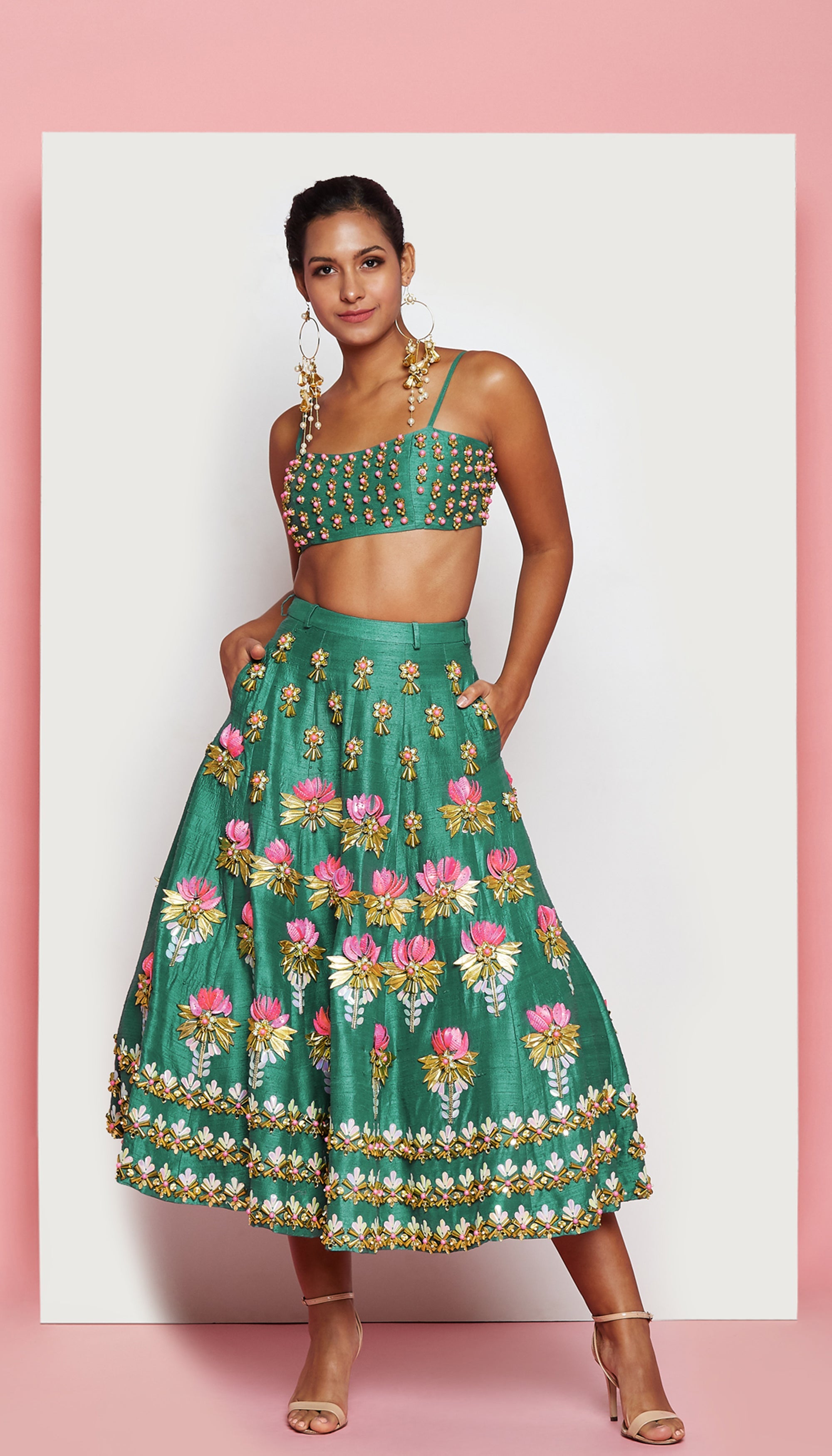 Sacred Lotus - Dark Green Embellished Half Lehenga Set