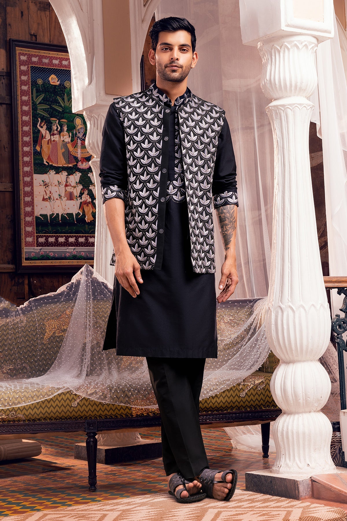 Black Embroidered Kurta, Bundy & Pants