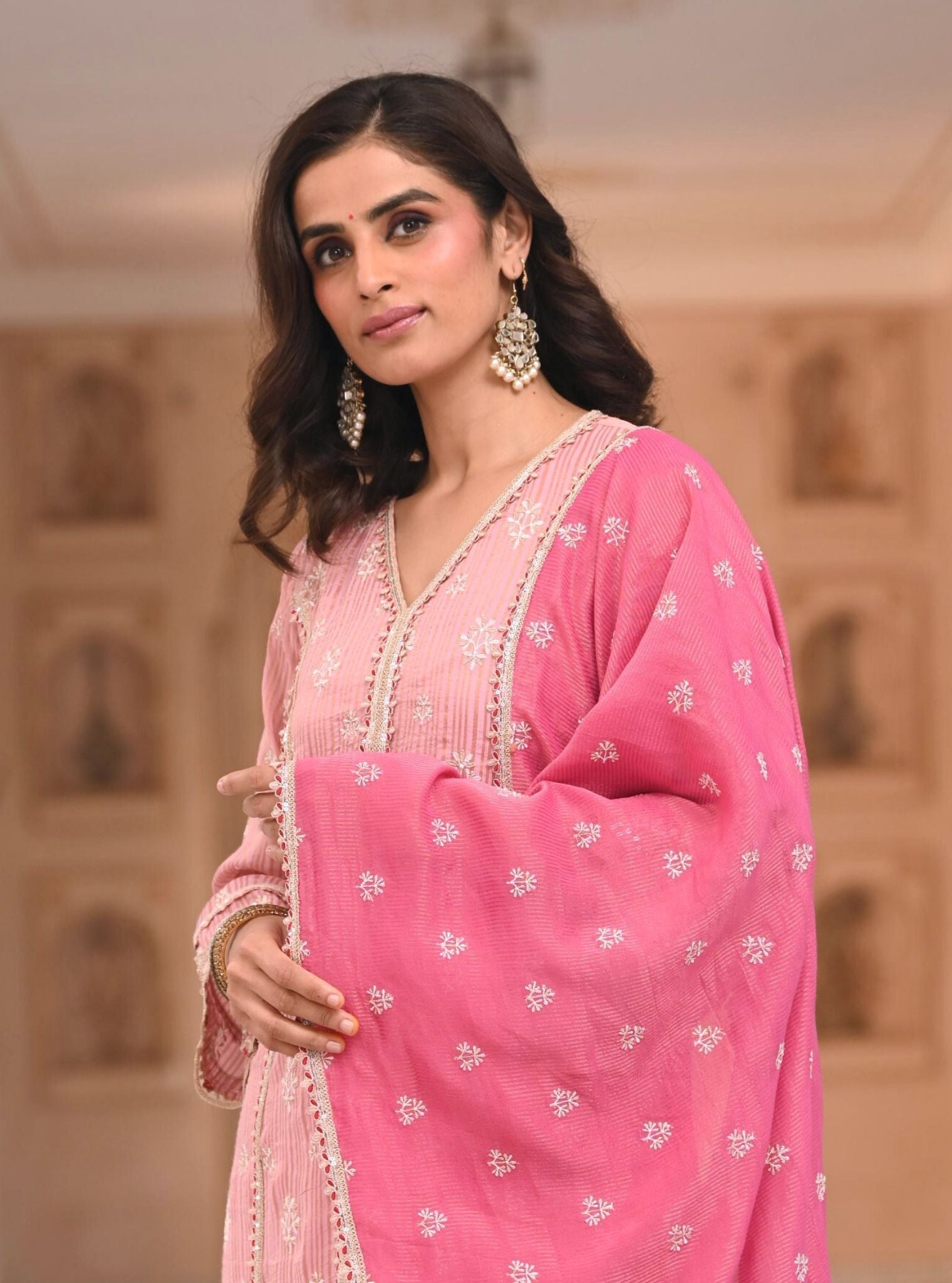 Mulmul Banarsi Gerua Pink Kurta With Mulmul Banarsi Gerua Pink Pant