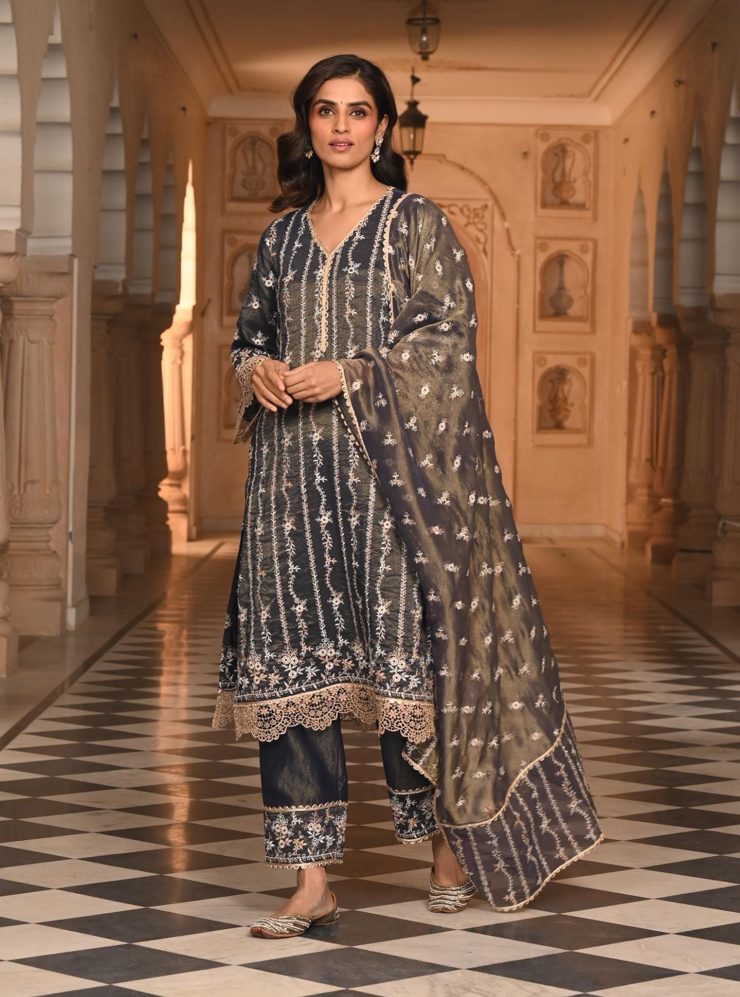 Mulmul Luxe Tissue Satin Chaleya Navy Kurta With Mulmul Tissue Satin Chaleya Navy Pant