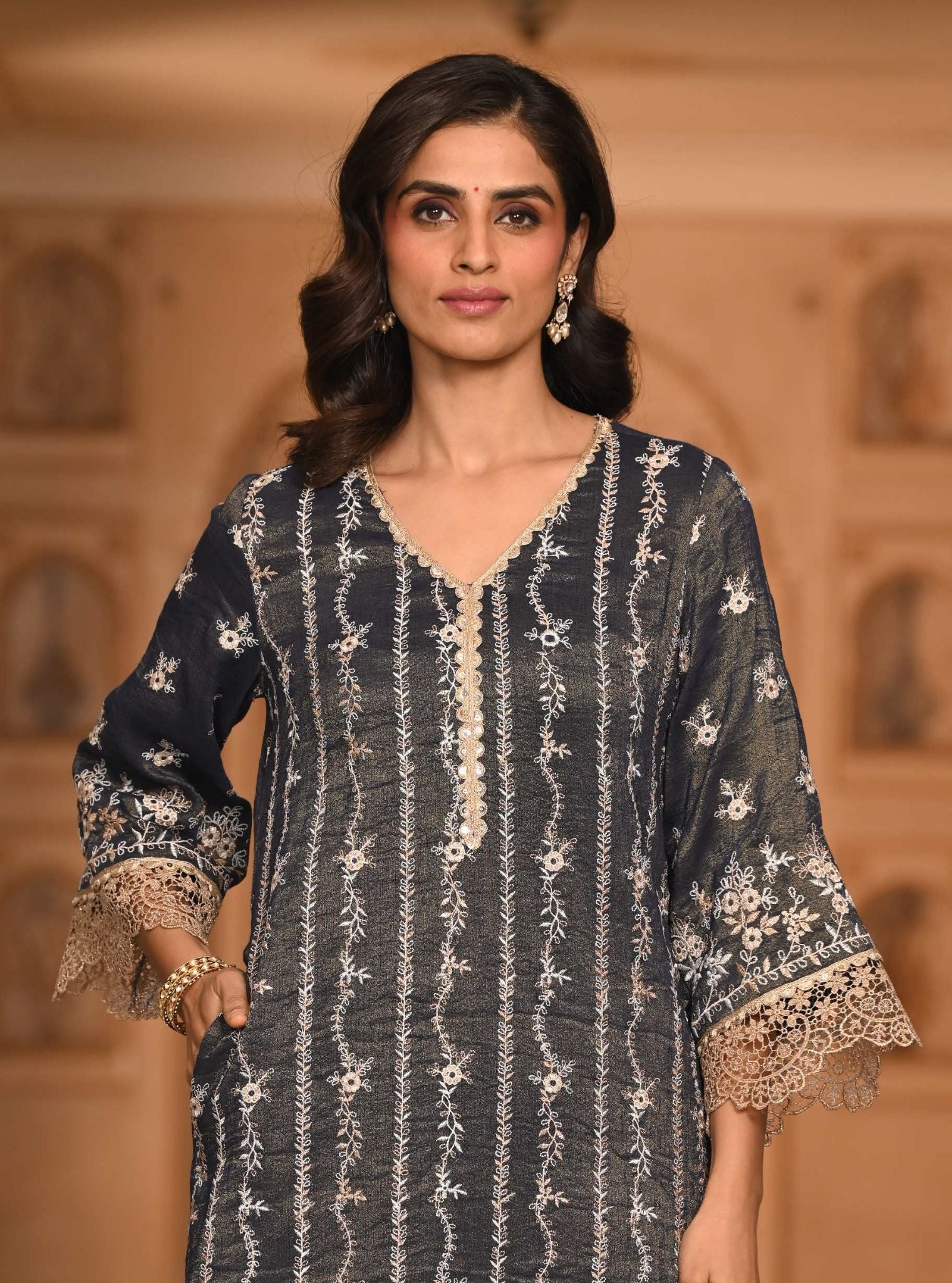 Mulmul Luxe Tissue Satin Chaleya Navy Kurta With Mulmul Tissue Satin Chaleya Navy Pant