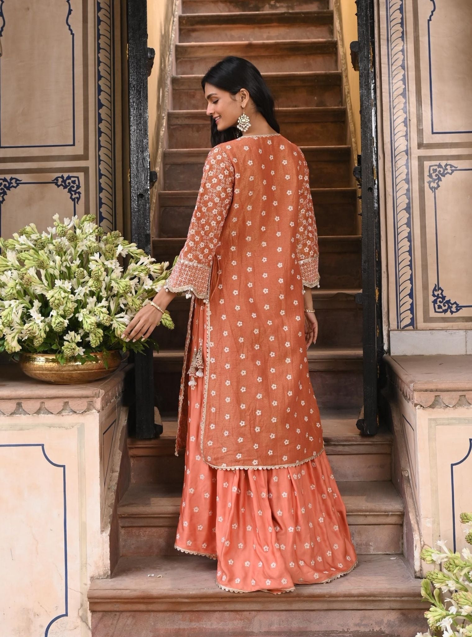 Mulmul Luxe Tissue Satin Maaeri Burnt Orange Kurta With Mulmul Modal Satin Maaeri Burnt Orange Skirt