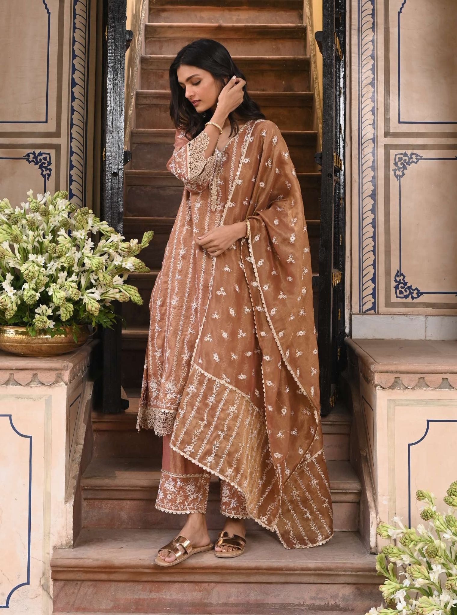 Mulmul Luxe Tissue Satin Chaleya Old Rose Kurta With Mulmul Tissue Satin Chaleya Old Rose Pant