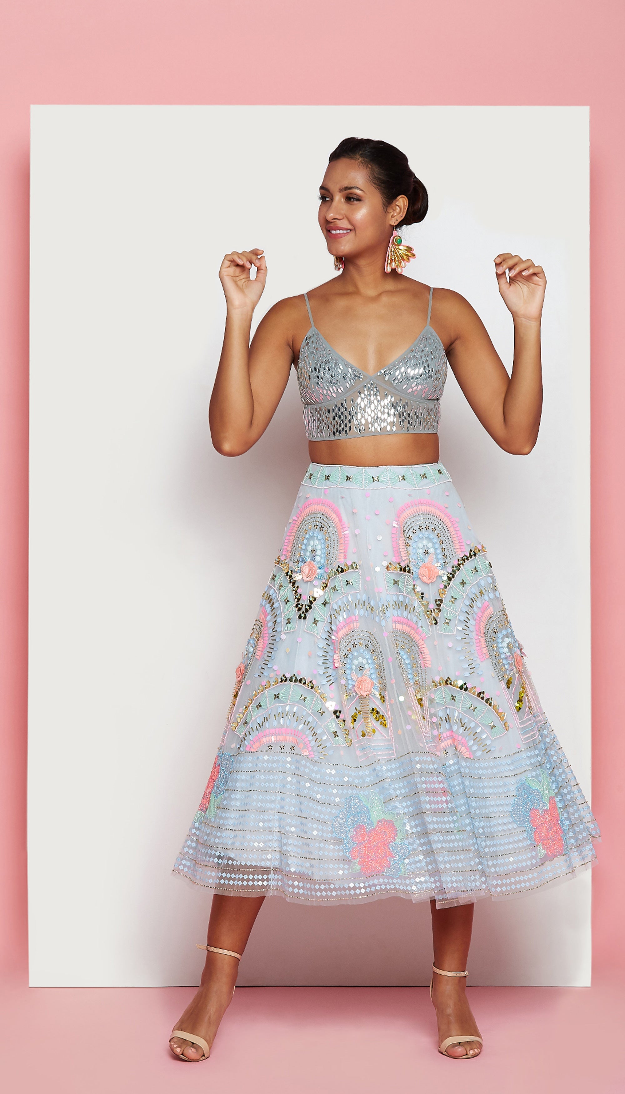 Anna - Powder Blue Embellished Half Lehenga Set