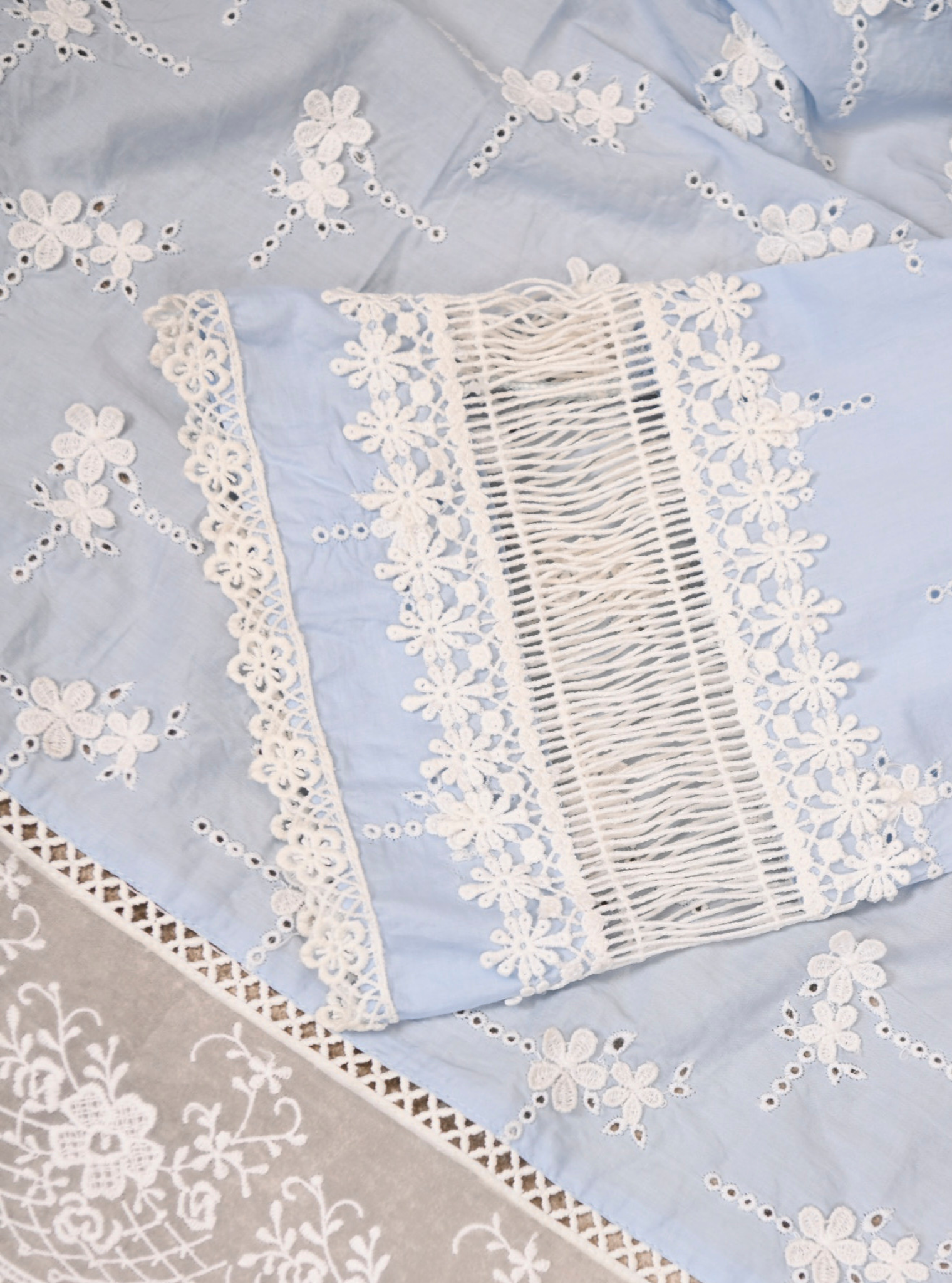 Mulmul Cotton Salisbury Blue Kurta With Multi Lace Slim White Pant