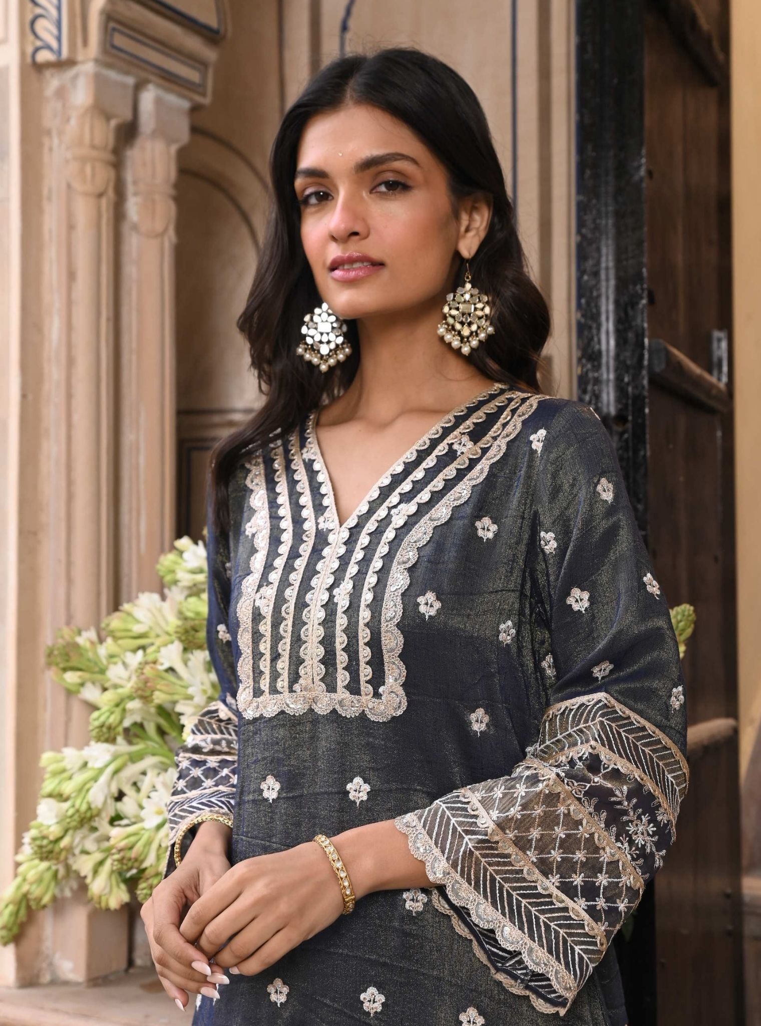 Mulmul Luxe Tissue Satin Sajni Navy Kurta With Mulmul Luxe Tissue Satin Sajni Navy Pant