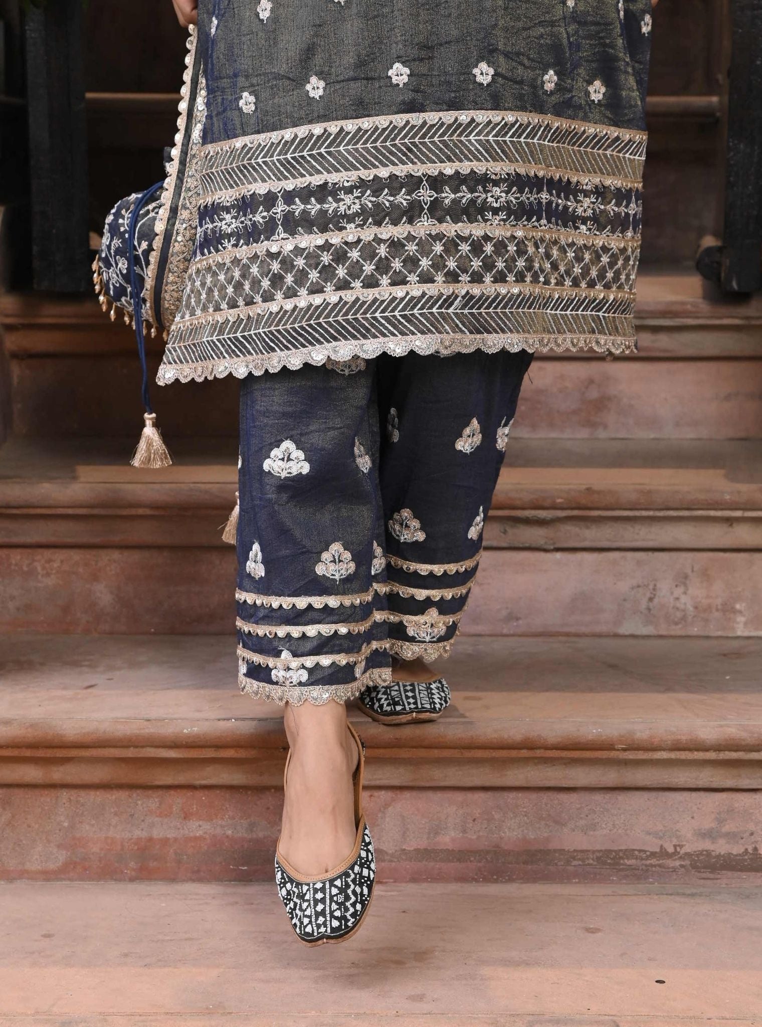 Mulmul Luxe Tissue Satin Sajni Navy Kurta With Mulmul Luxe Tissue Satin Sajni Navy Pant