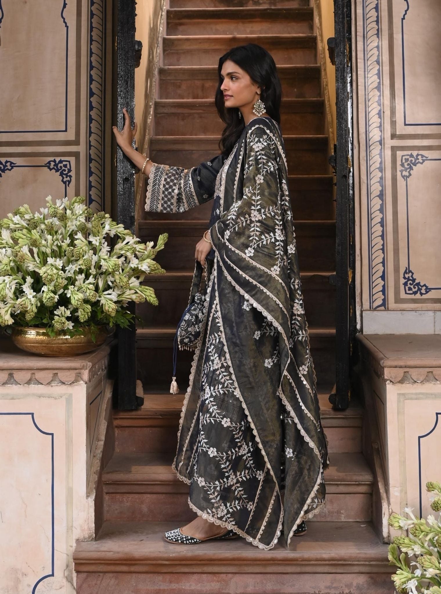 Mulmul Luxe Tissue Satin Sajni Navy Kurta With Mulmul Luxe Tissue Satin Sajni Navy Pant