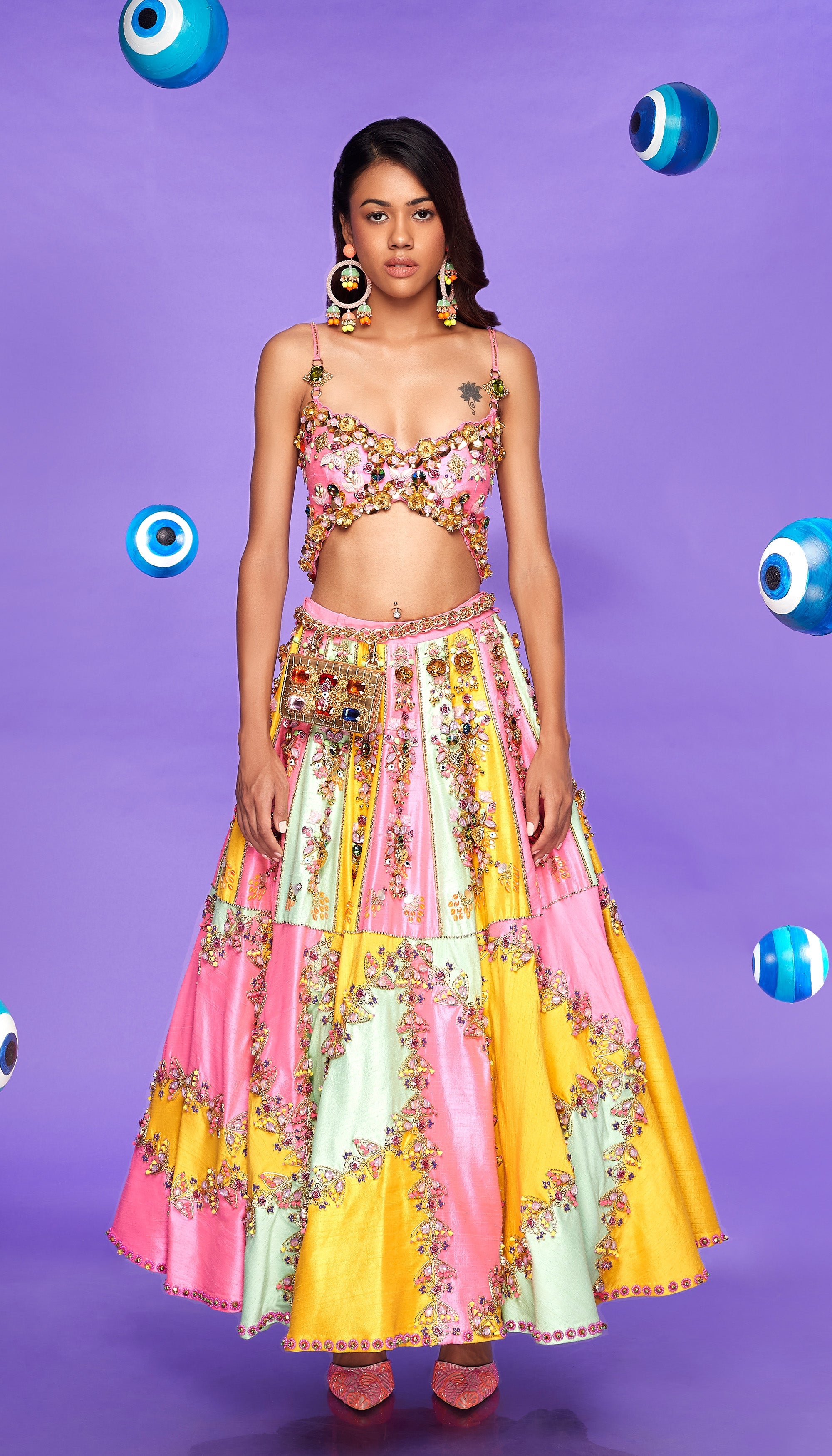 Mrs. Omg - Tri-Color Panelled Half Lehenga Set