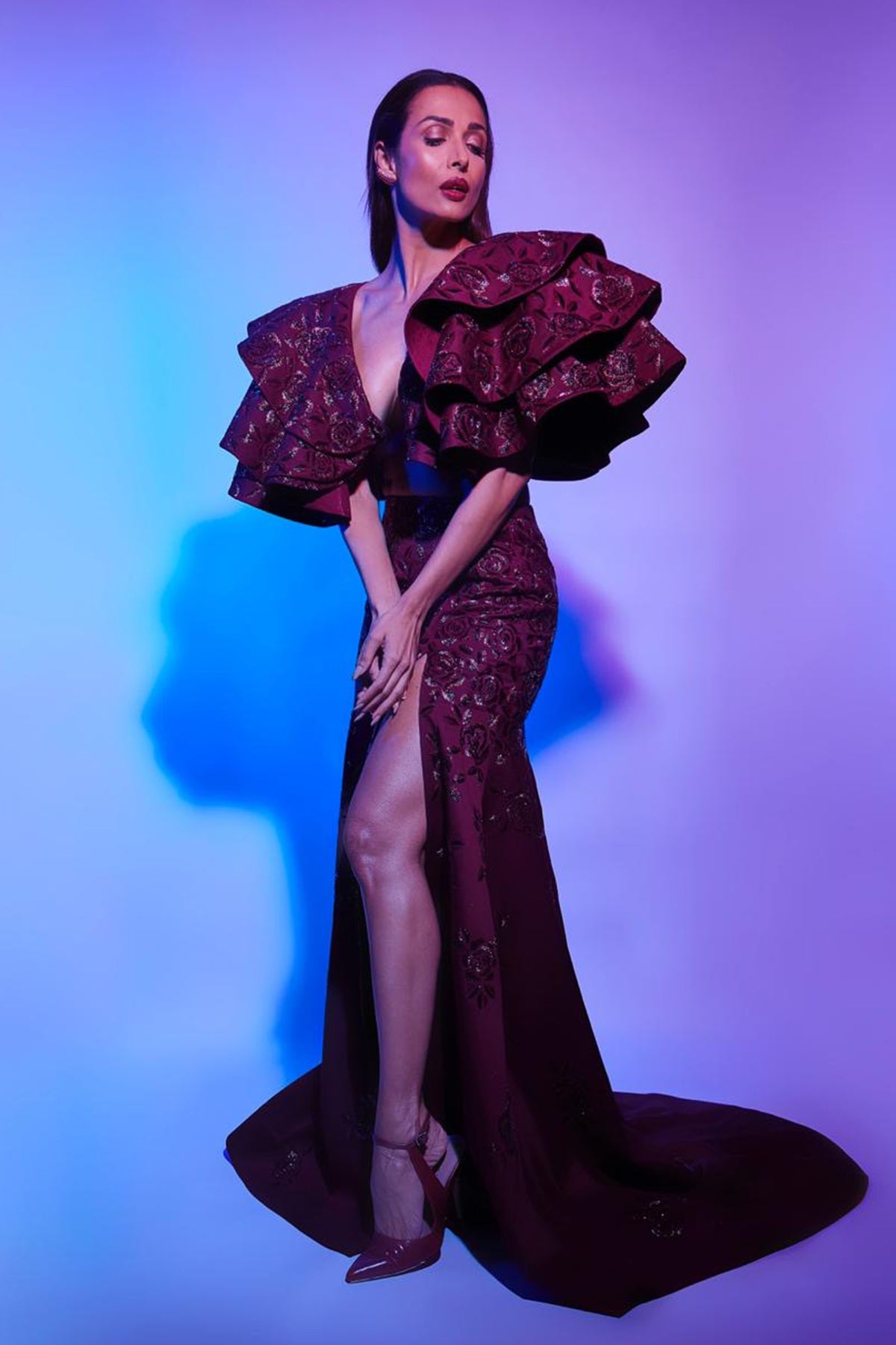 Malaika Arora In Dramatic Sleeves Embroidered Blouse With Front Slit Embroidered Lehenga