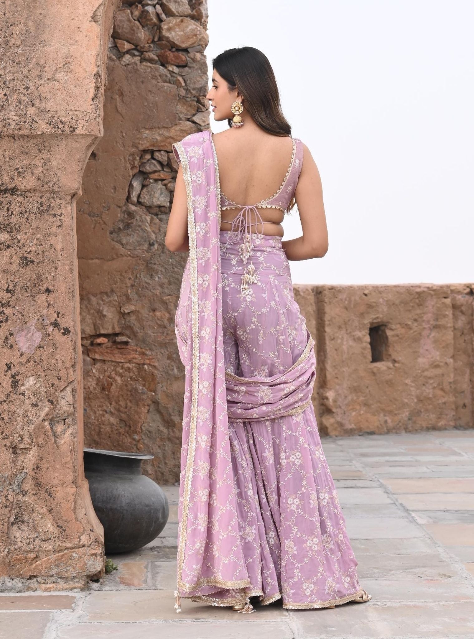 Mulmul Crepe Raahi Lilac Pre-Stitched Saree